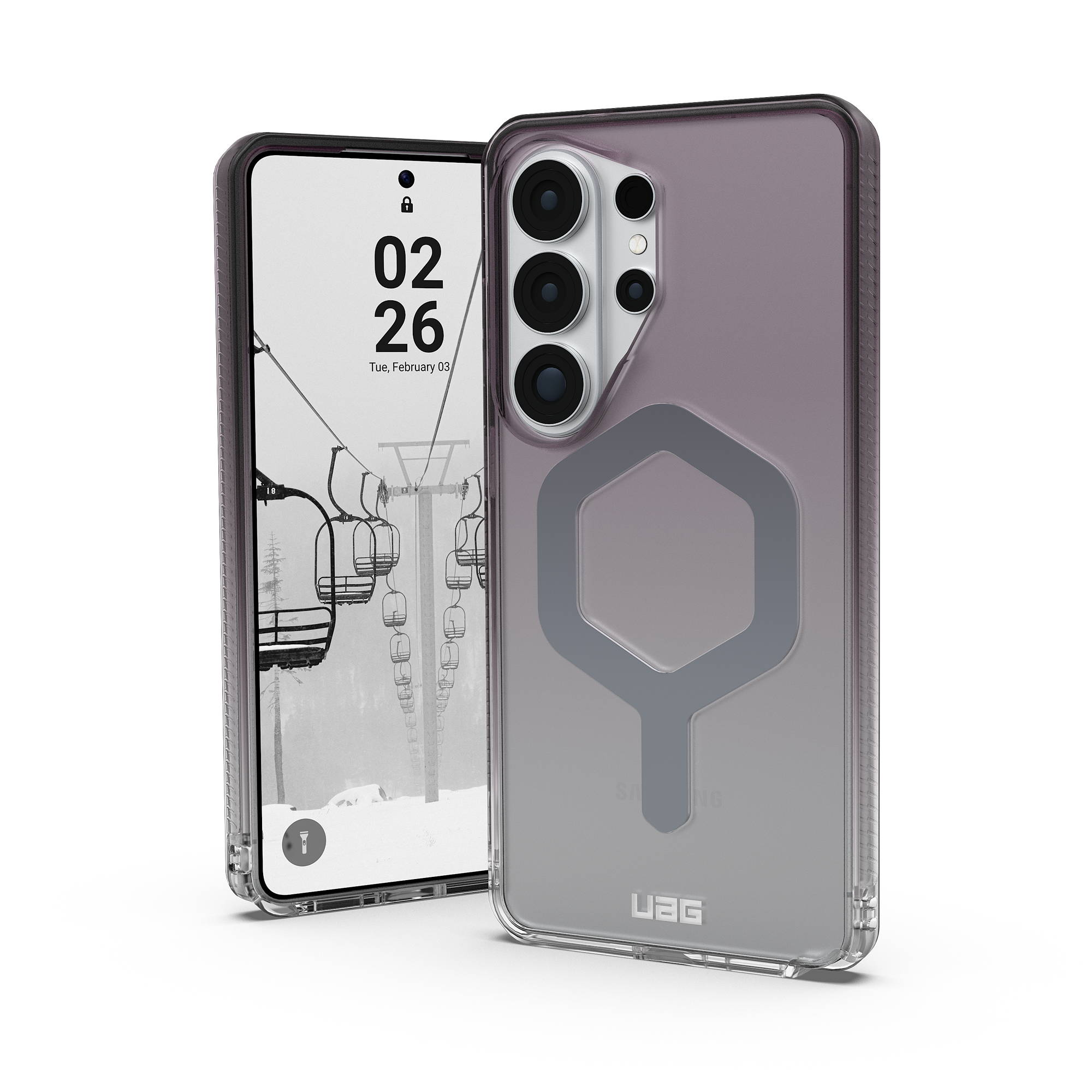 Ein durchsichtiges Handyhülle mit Hexagonmuster neben einem Handy mit Skilift-Hintergrund.