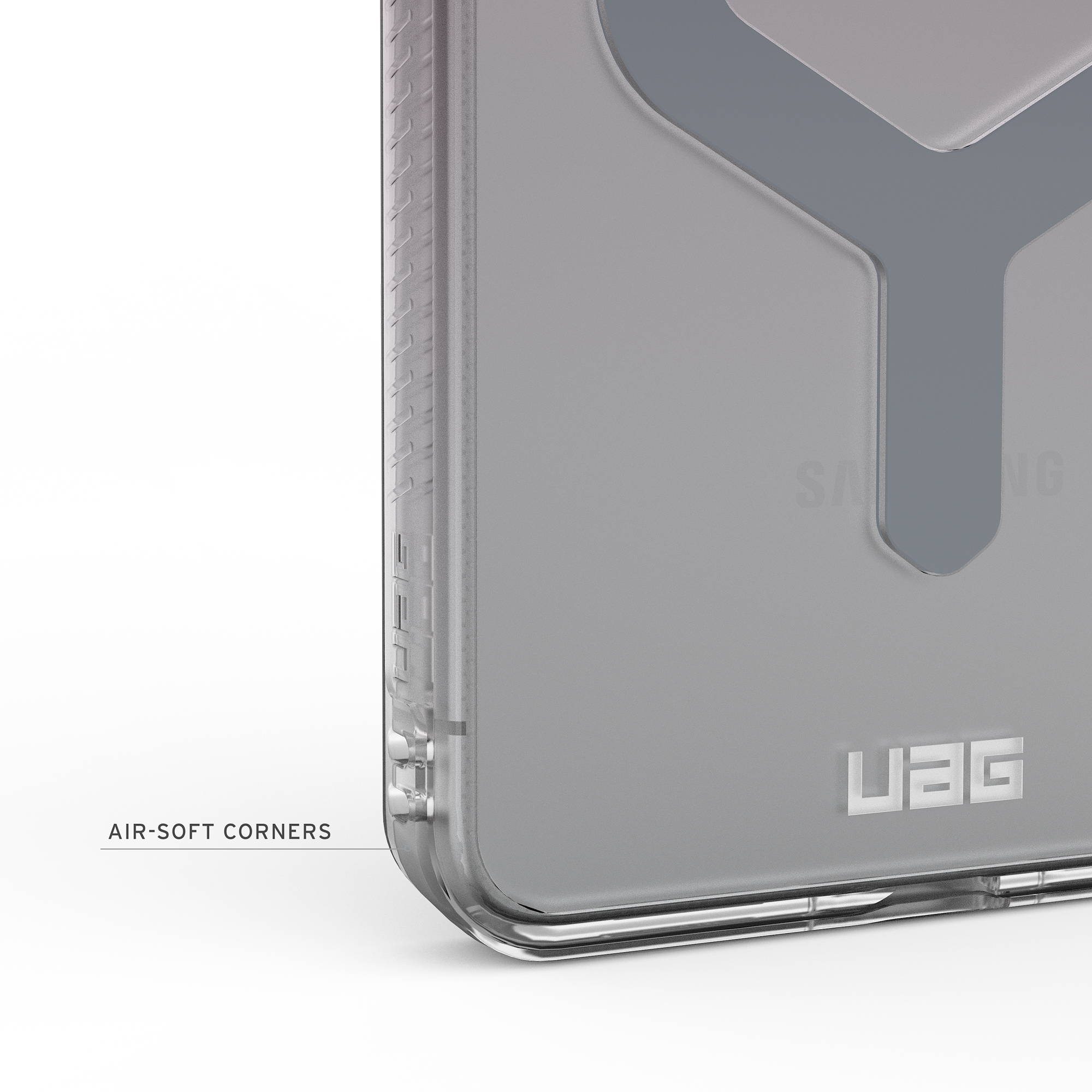 Graues Handyhülle mit Luft-Soft-Ecken und UAG-Logo.