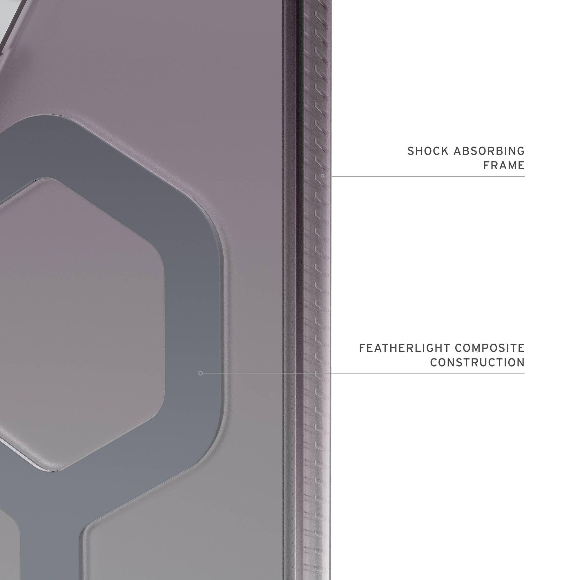 Graues Gehäuse mit Hexagonmuster und Text: Stoßfester Rahmen, leichte Verbundkonstruktion.