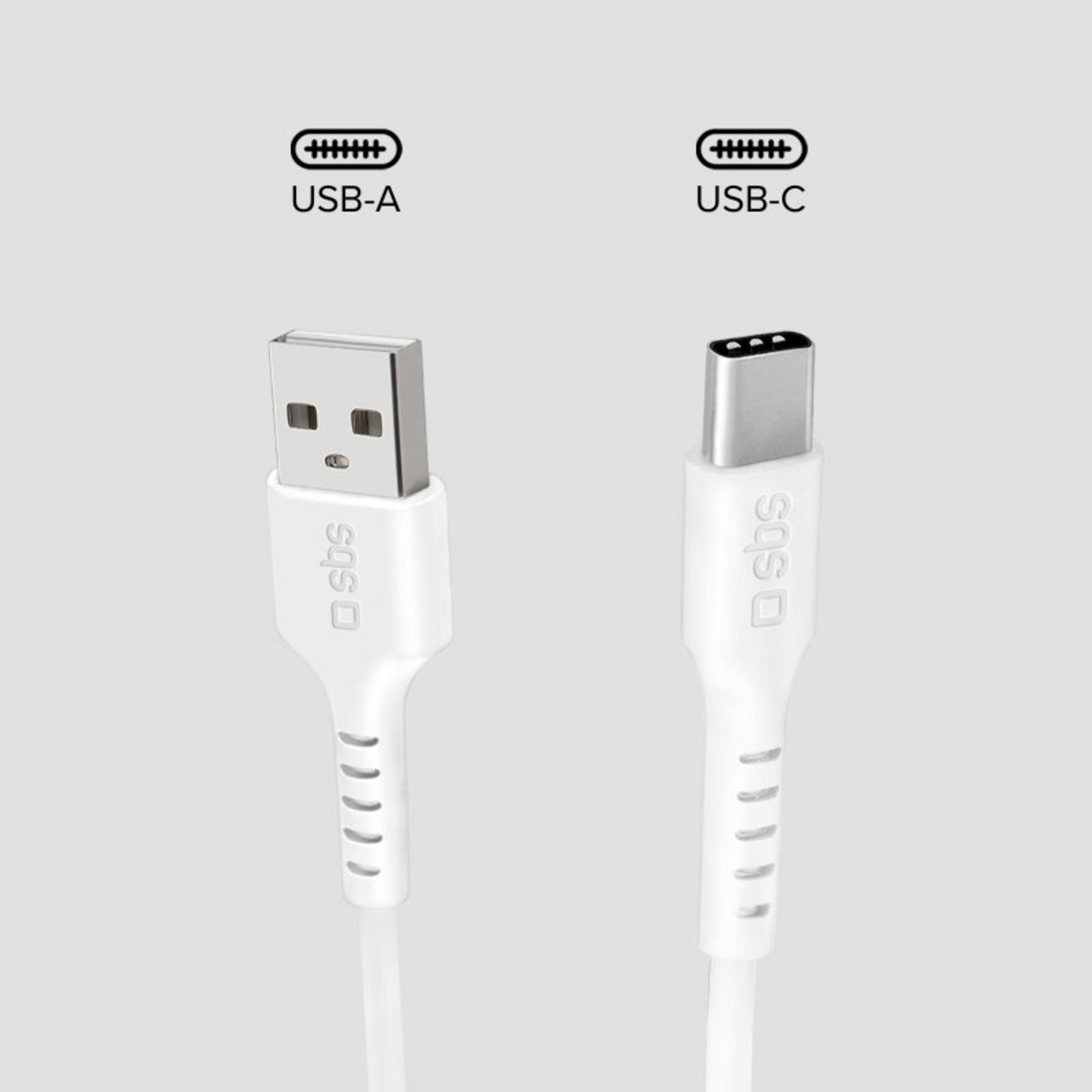 Câbles USB-A et USB-C avec logo SBS sur fond gris.