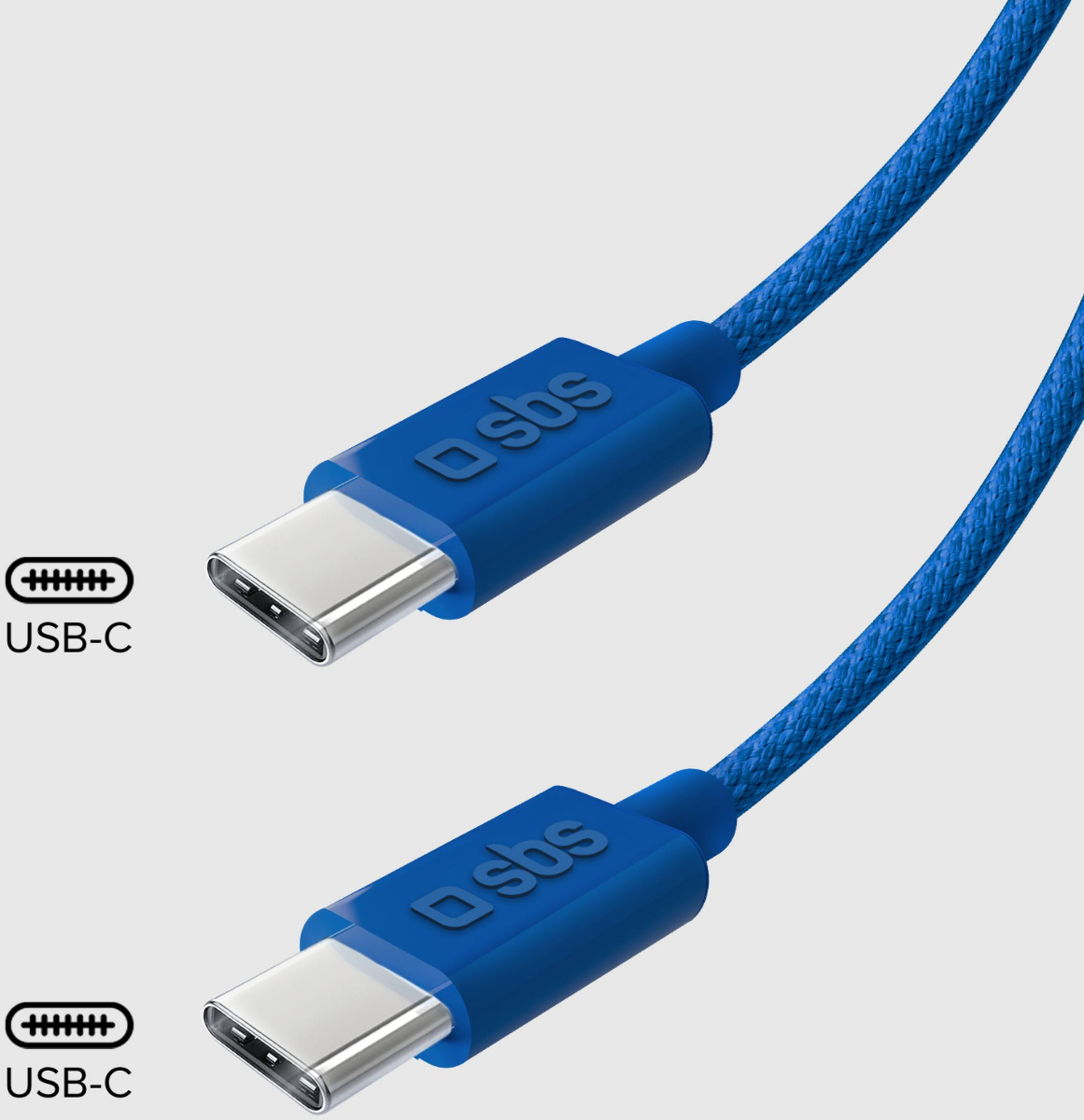 Zwei blaue USB-C-Kabel mit SBS-Logo auf grauem Hintergrund.