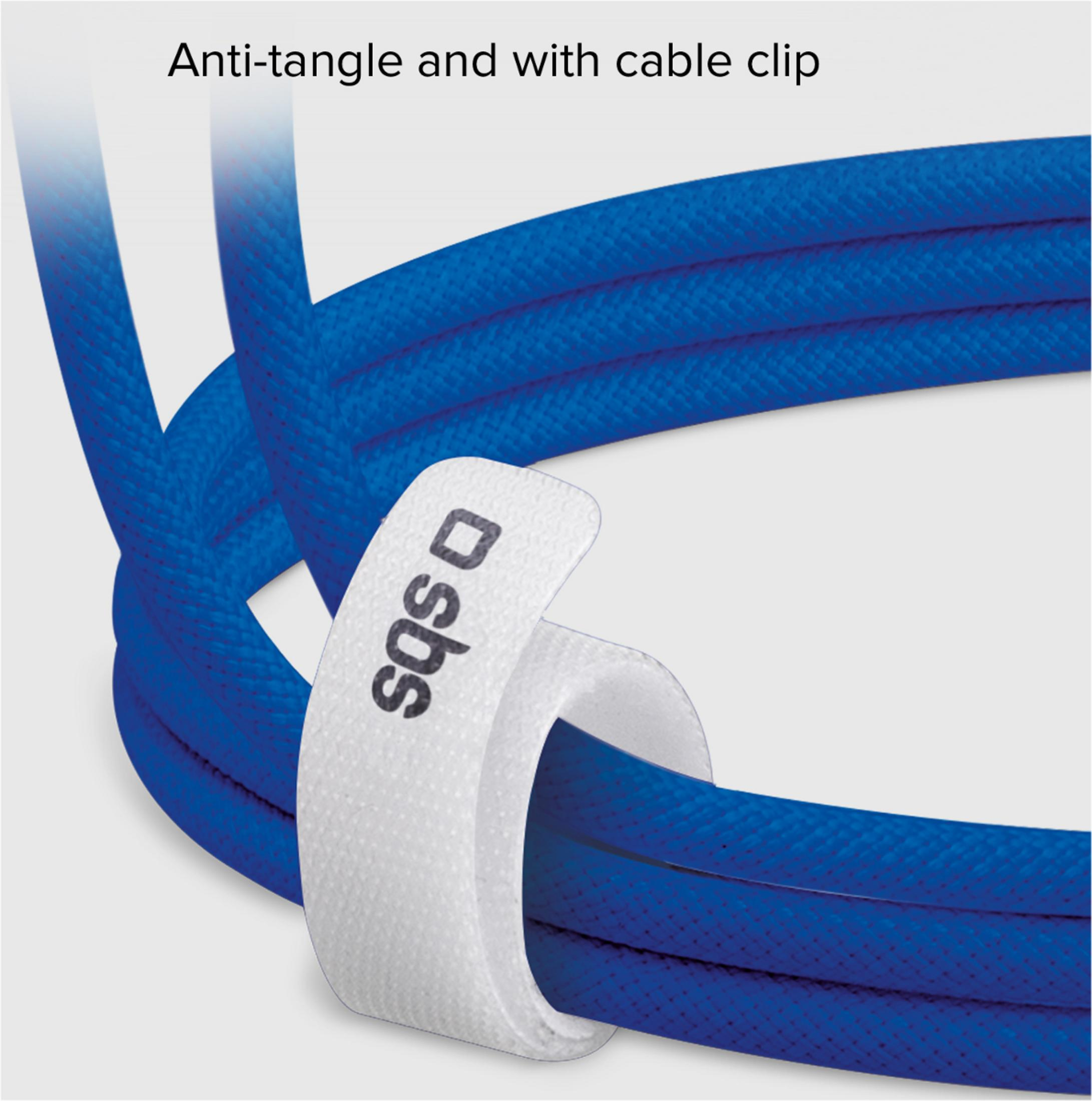 Blaues Kabel mit weißem Klettverschluss zur Kabelorganisation.
