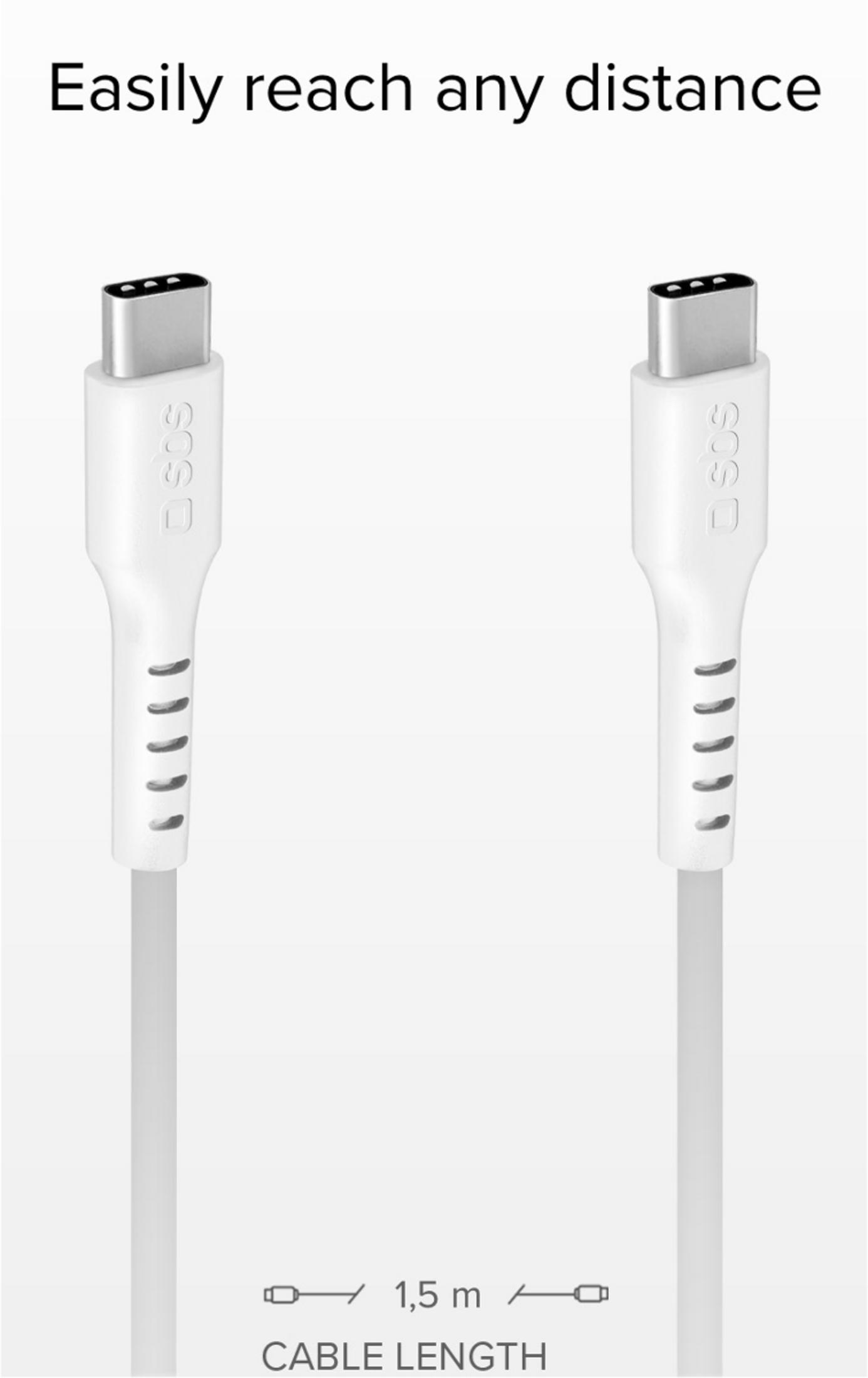 Zwei weiße USB-C-Kabel mit 1,5m Länge, Logo und Rillen.