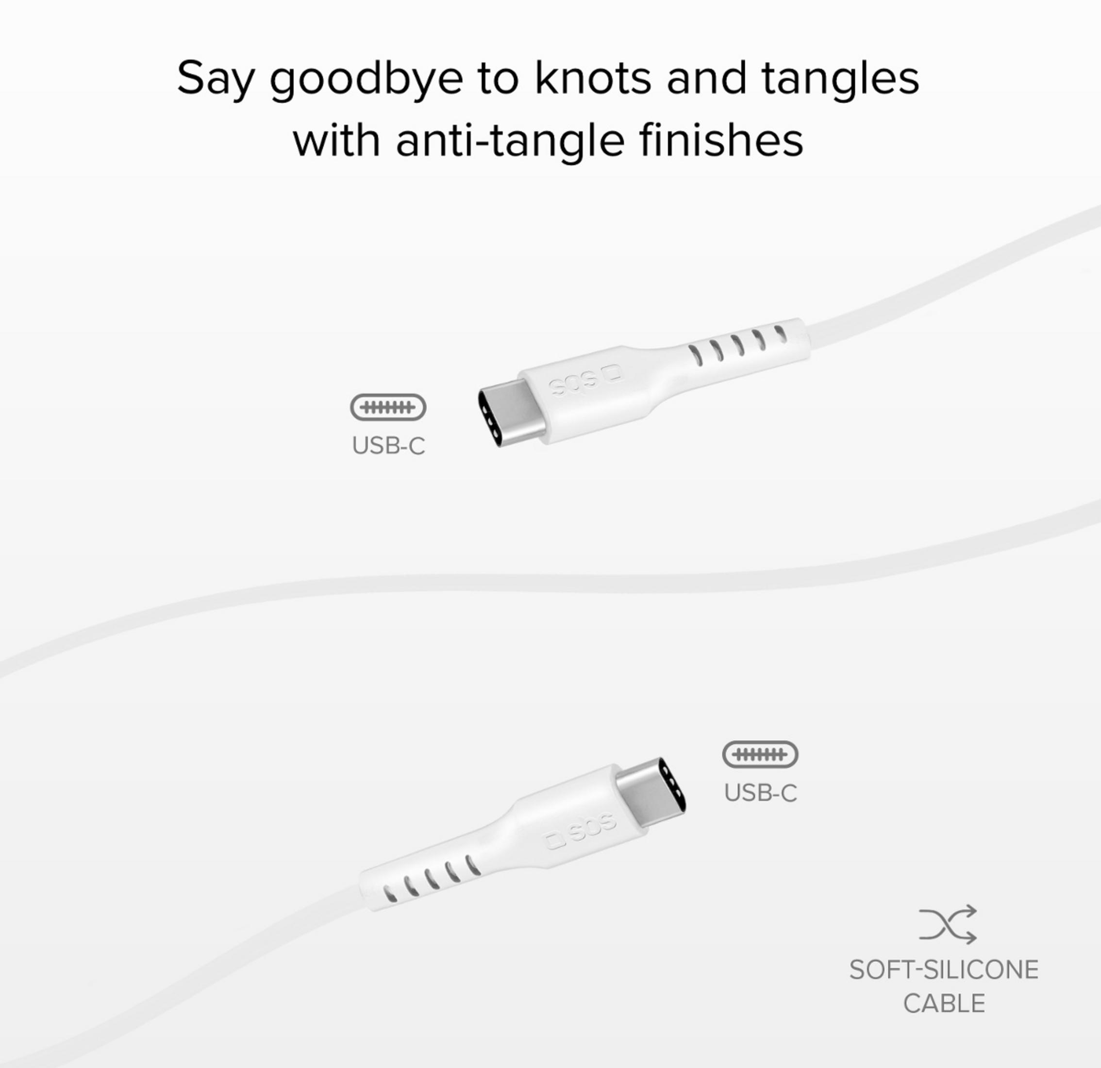 Zwei weiße USB-C-Kabelenden mit Beschriftung. Weiches Silikonkabel.