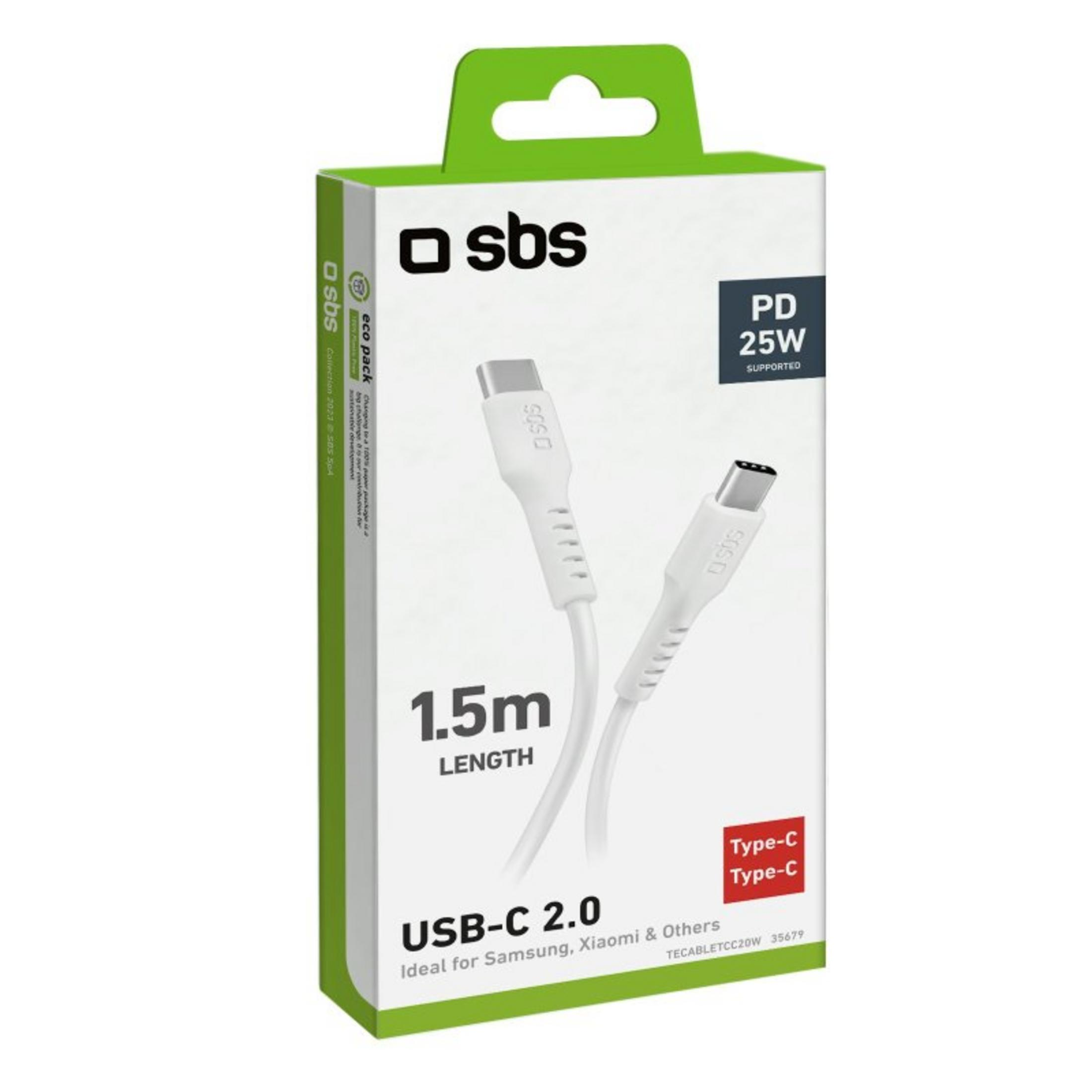 SBS USB-C 2.0 Kabel, 1,5m, 25W PD, weiß, mit Type-C Anschlüssen.