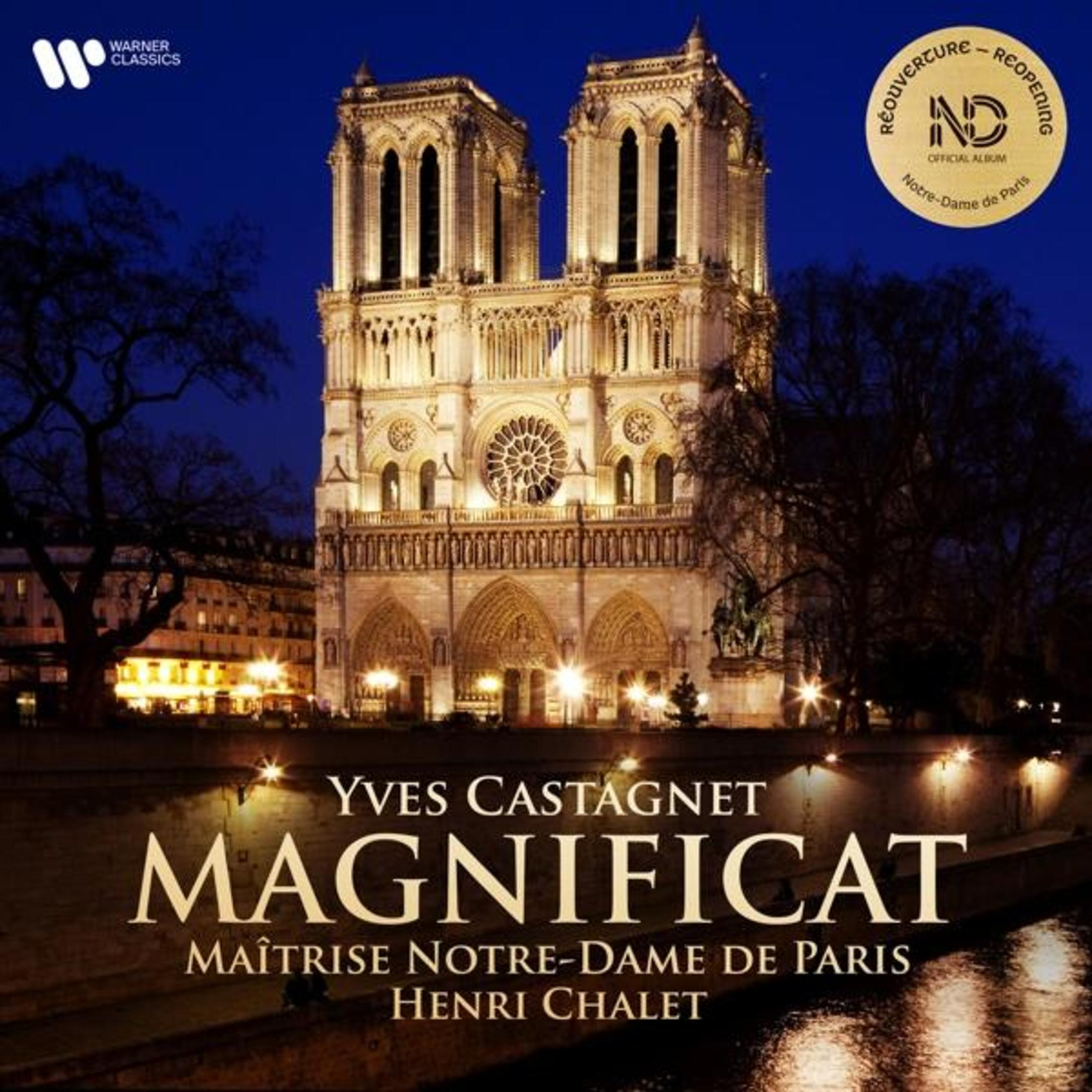 Notre Dame de Paris di notte, con il titolo dell'album Magnificat.