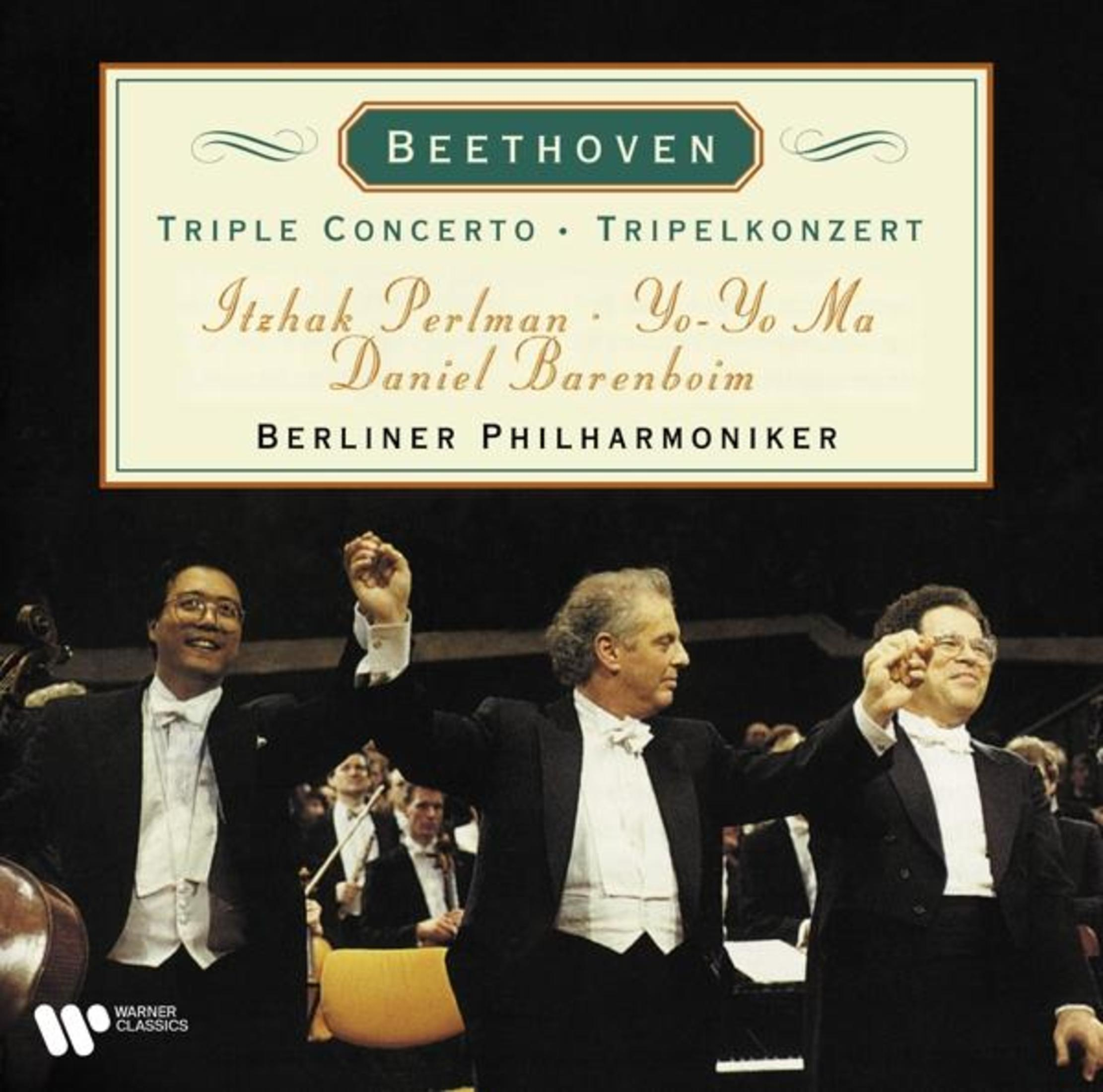Un direttore d'orchestra alza le braccia; l'album elenca artisti: Perlman, Yo-Yo Ma.