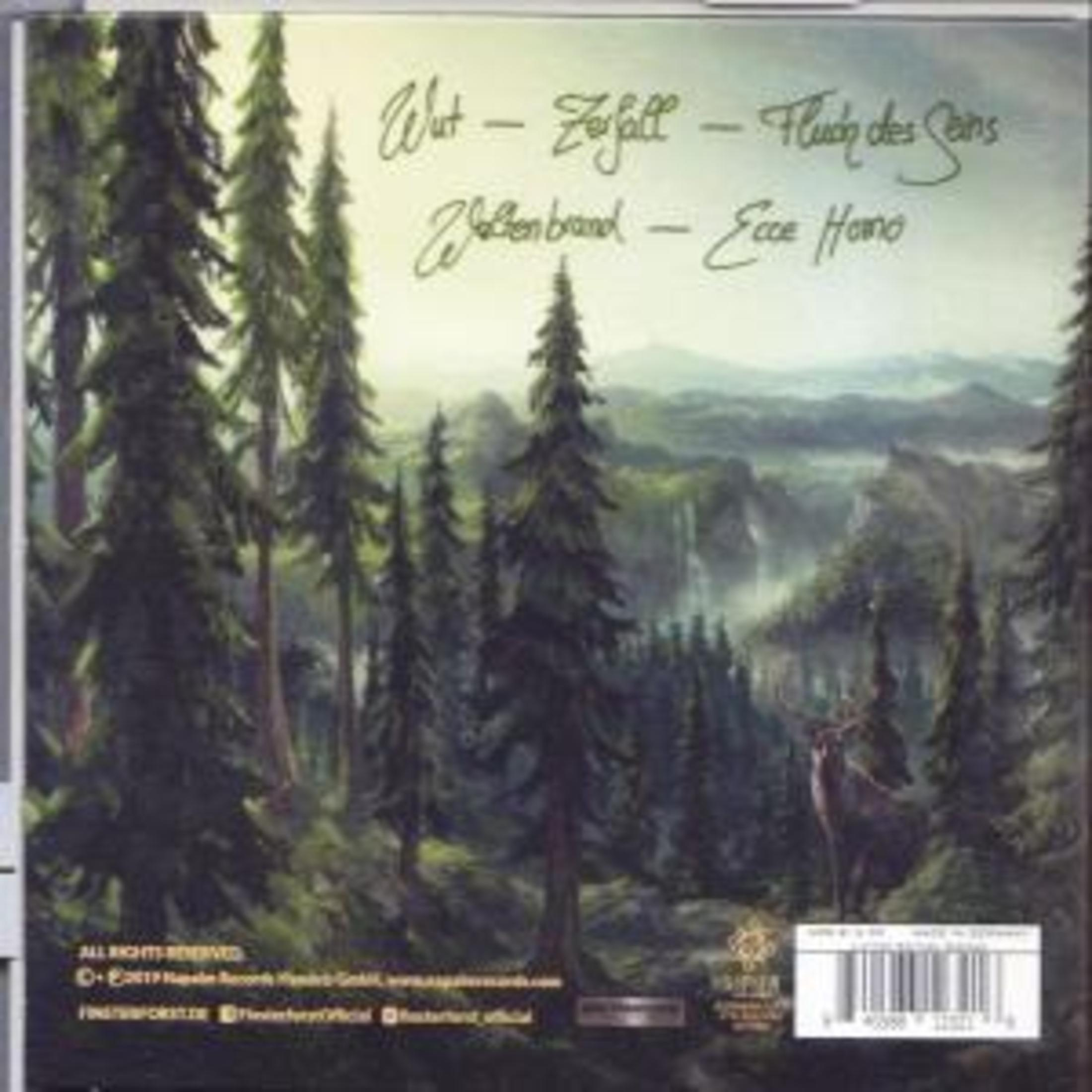 Paesaggio forestale con alberi, un cervo e testo.