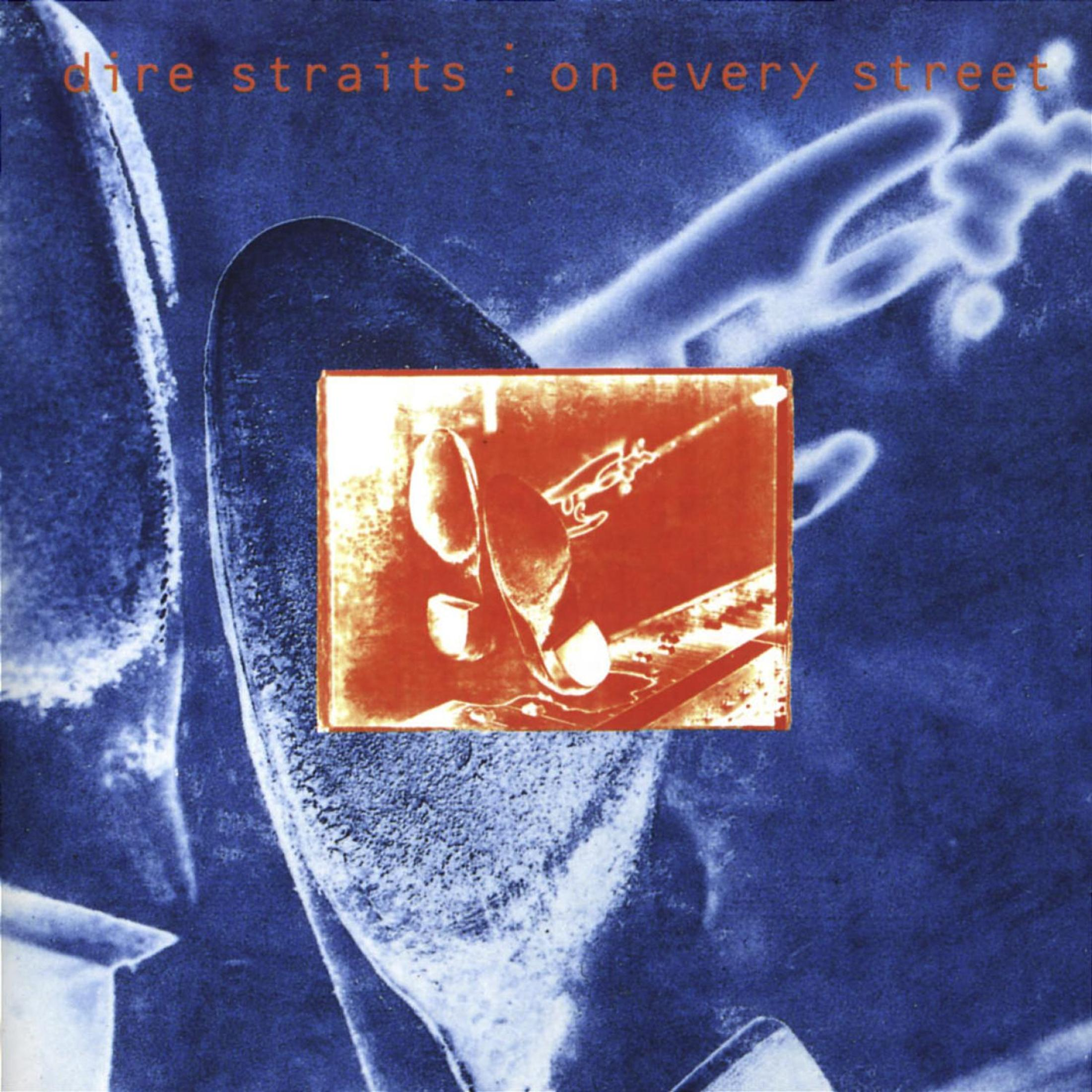 Copertina album Dire Straits: riquadro arancione di scarpe, testo in alto.