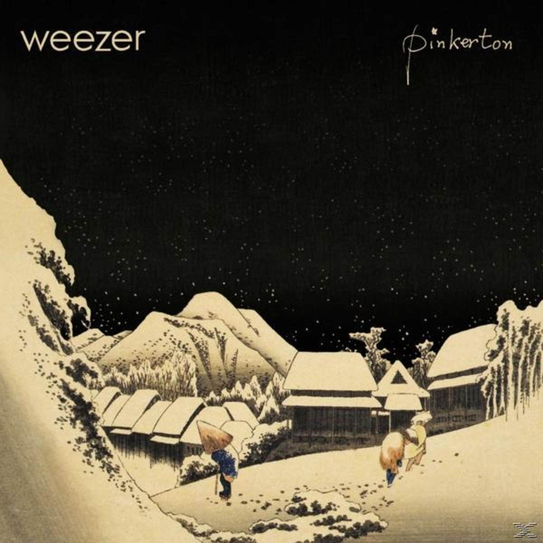 Paesaggio invernale con neve e case di montagna. Testo: Weezer Pinkerton.