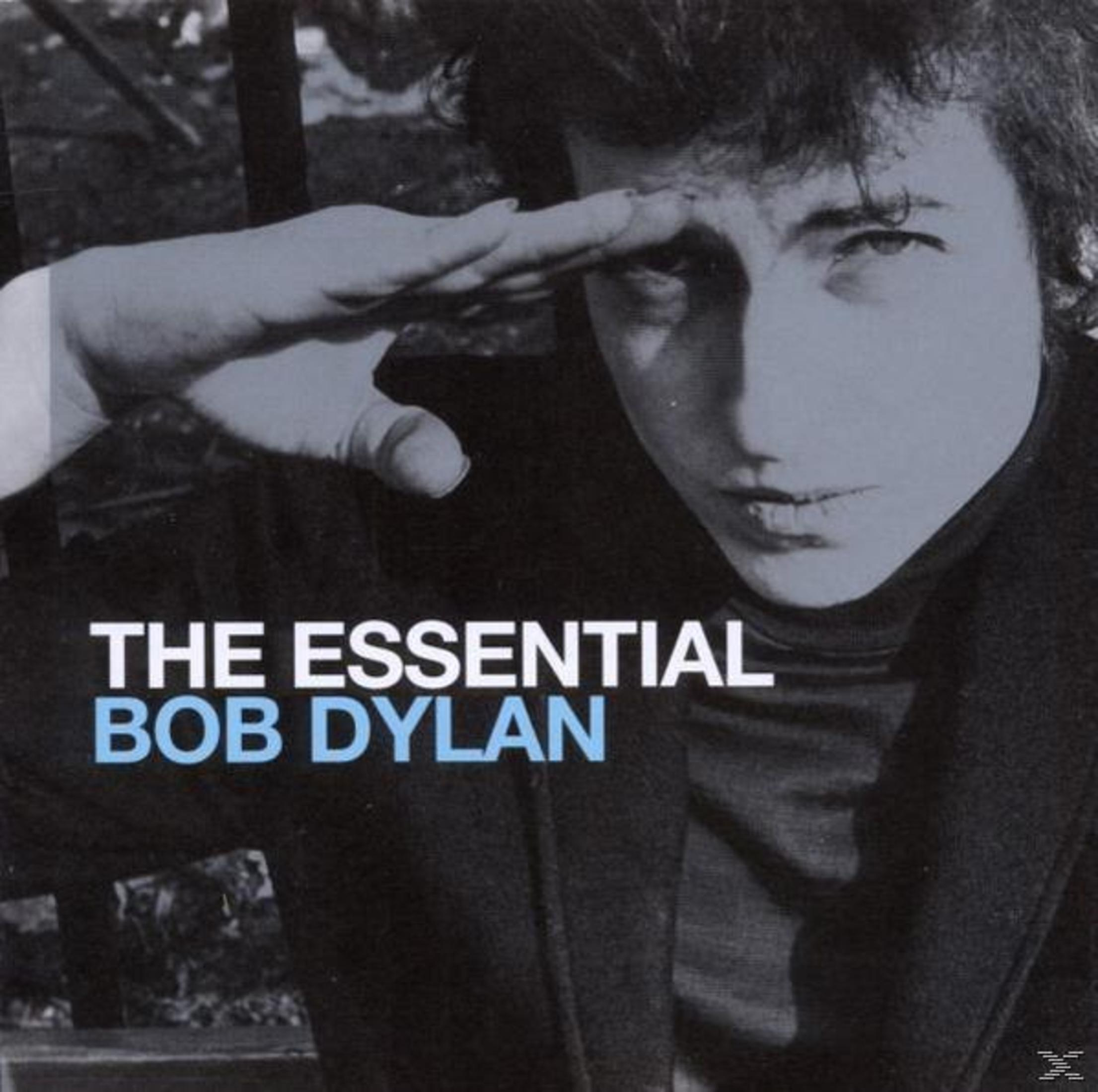 Ritratto in bianco e nero di Bob Dylan che saluta. Testo "THE ESSENTIAL BOB DYLAN" presente.