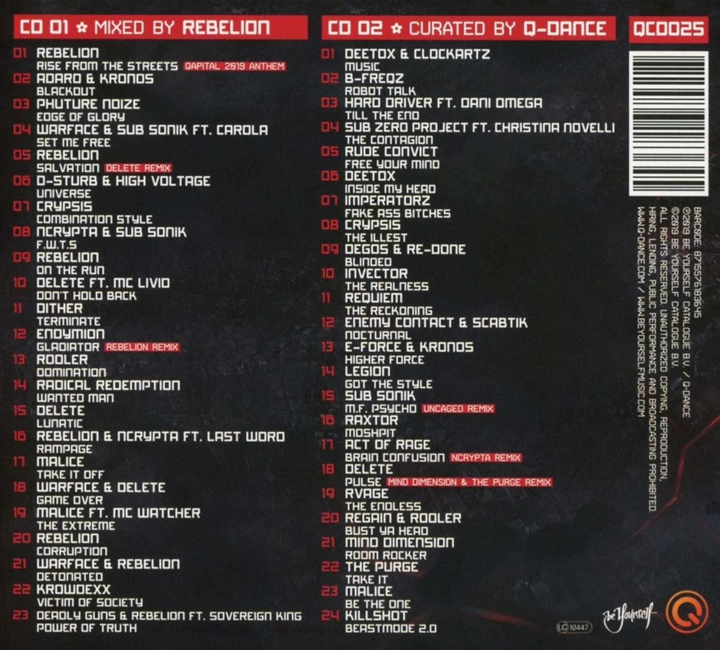 CD-hoes met tracklijsten voor twee cd's, gemixt door Rebellion en gecureerd door Q-Dance.