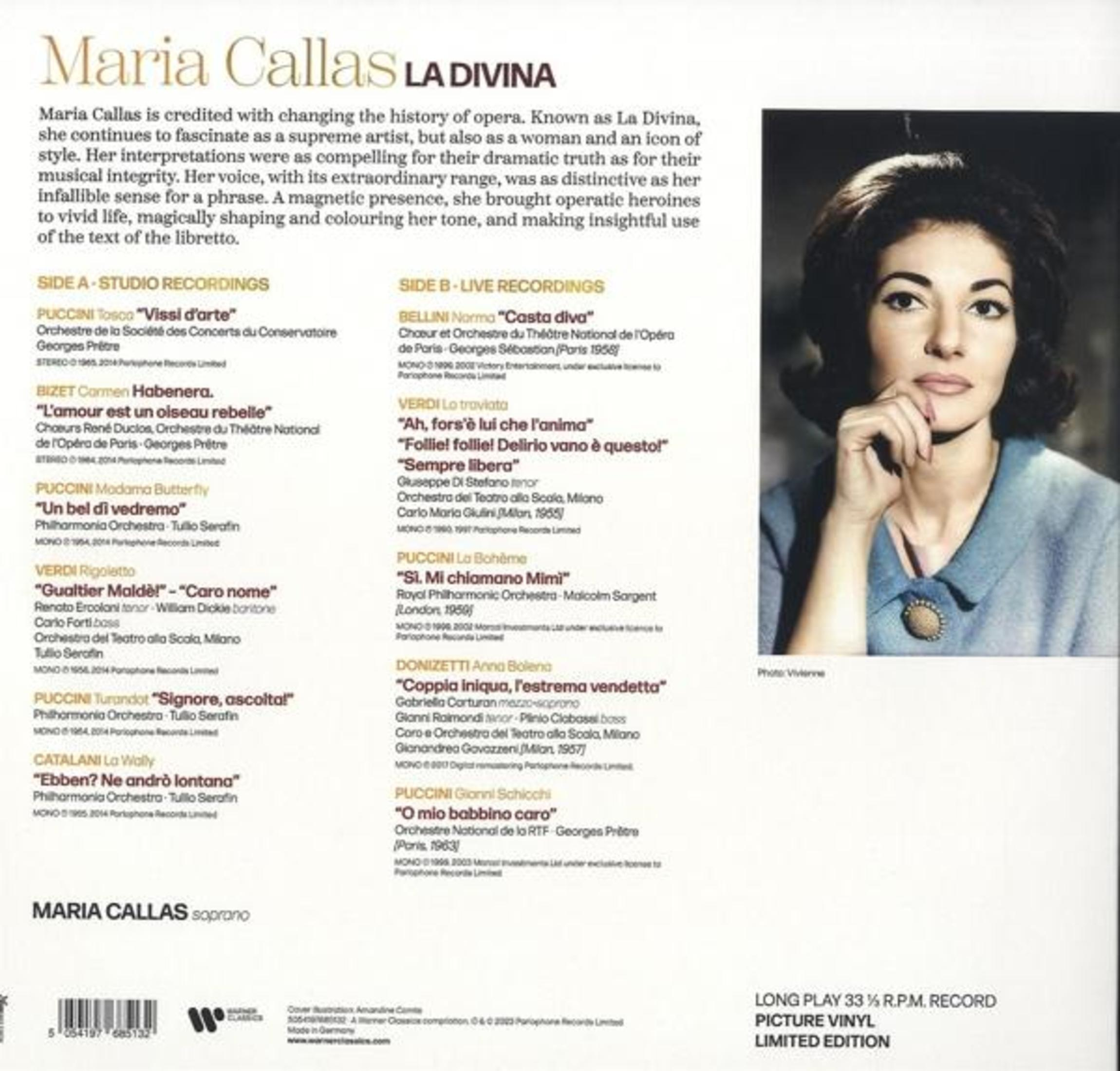 Retrato de Maria Callas con texto sobre su carrera y grabaciones.