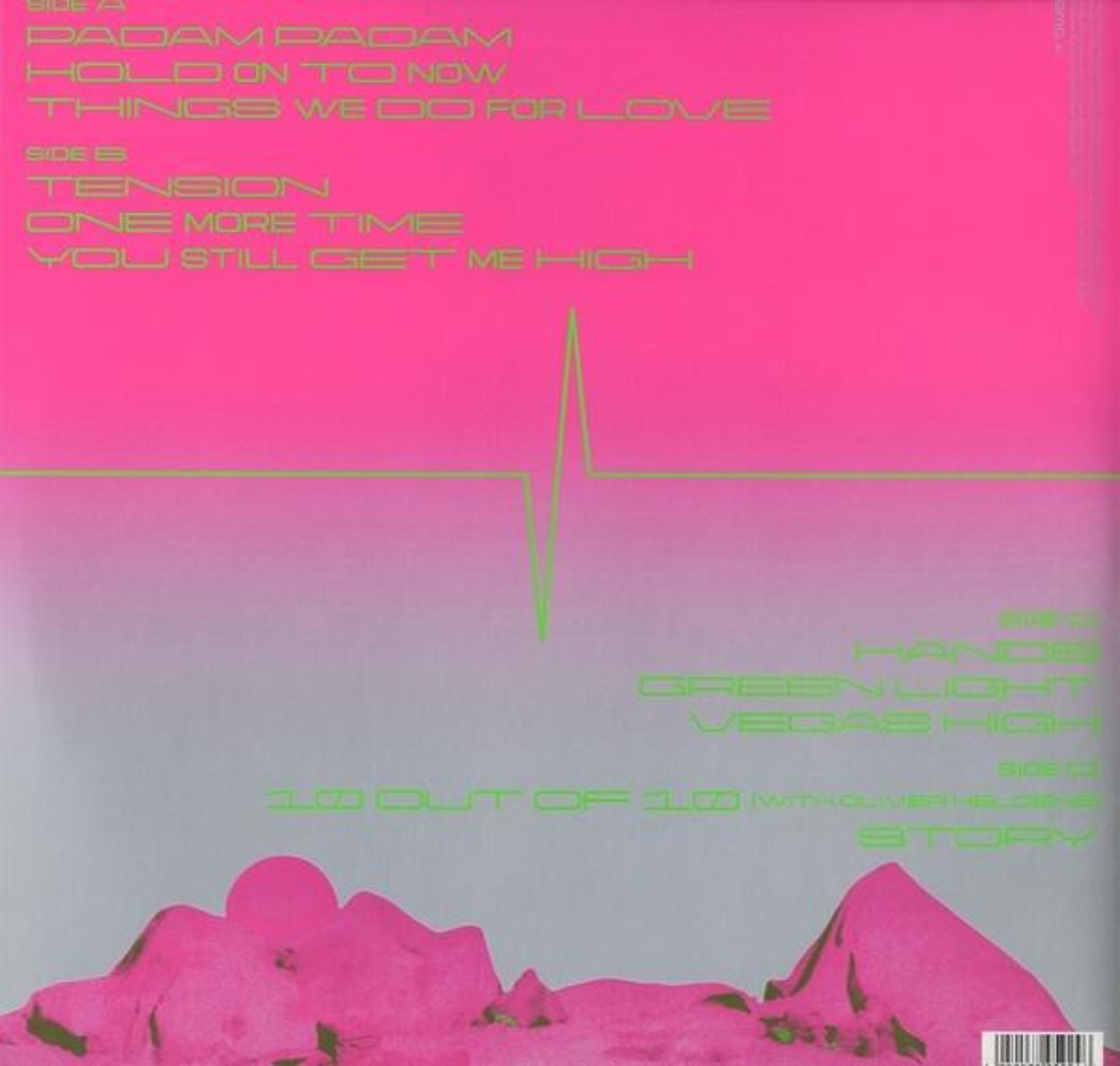 Retro rosa e grigio di un disco con lista tracce in verde neon.