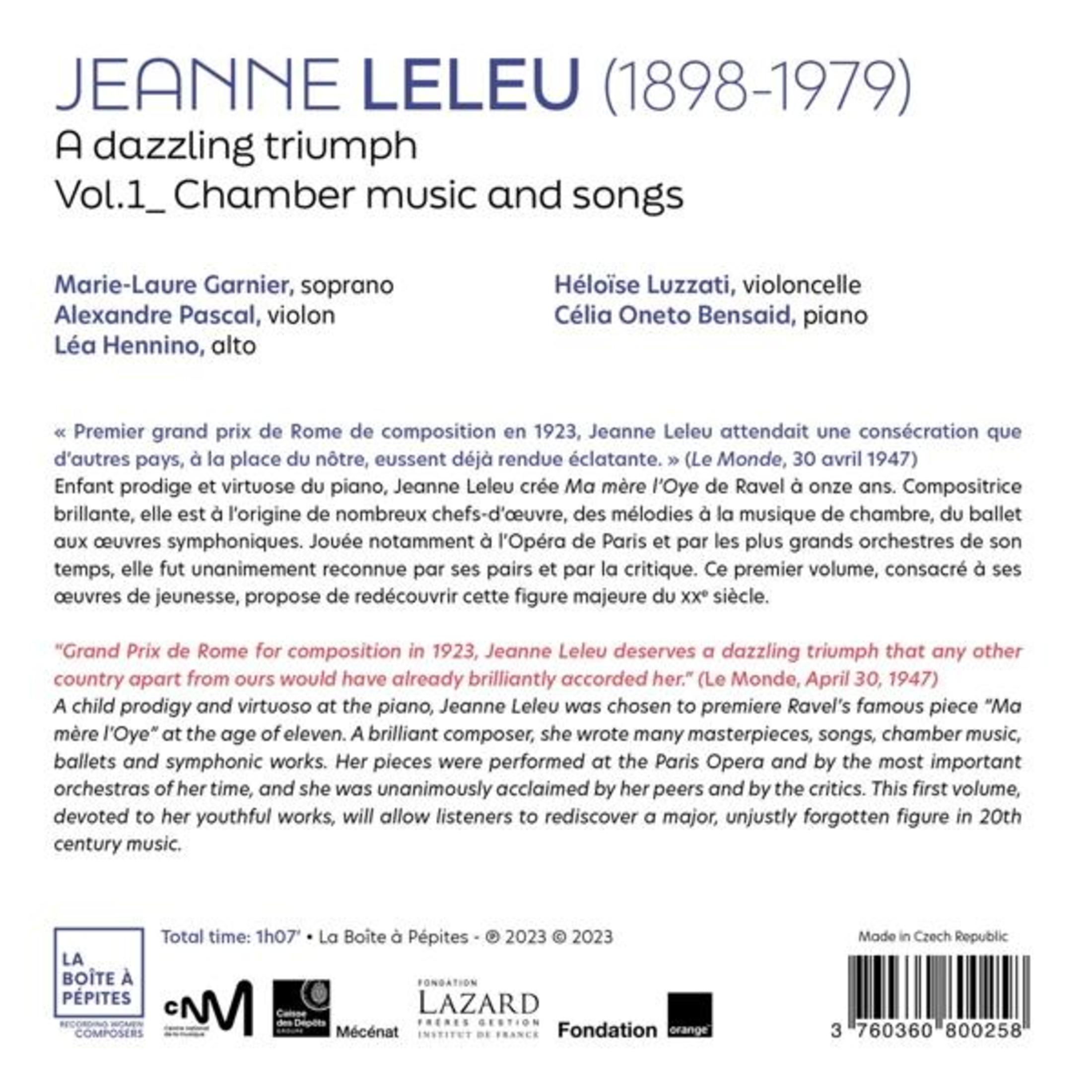 Copertina album Jeanne Leleu: Musica da camera e canzoni. Elenca interpreti e strumenti.