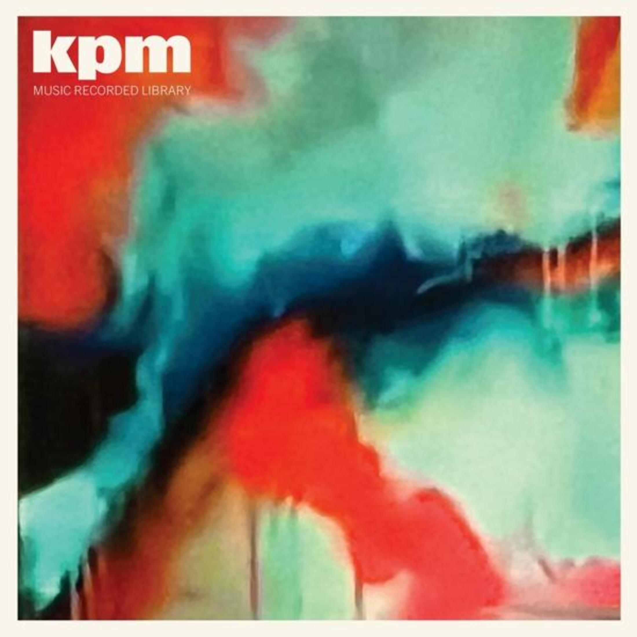 Pittura astratta nei colori rosso, blu e turchese. Testo in alto a sinistra: 'kpm MUSIC RECORDED LIBRARY'.