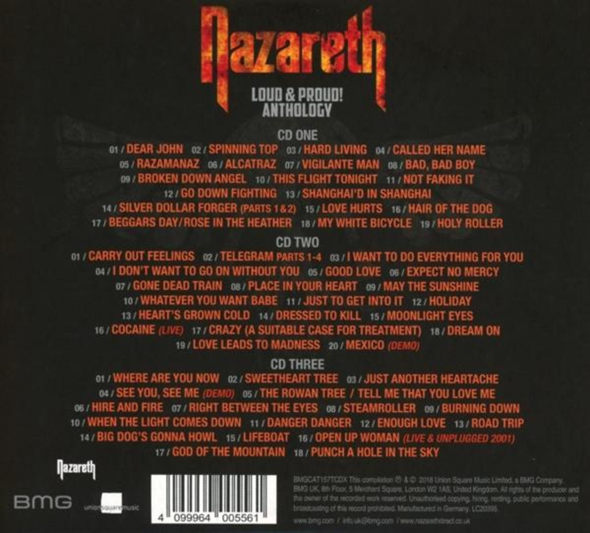 Copertina Nazareth Anthology con elenco canzoni CD 1, 2 e 3. Logo BMG in basso.