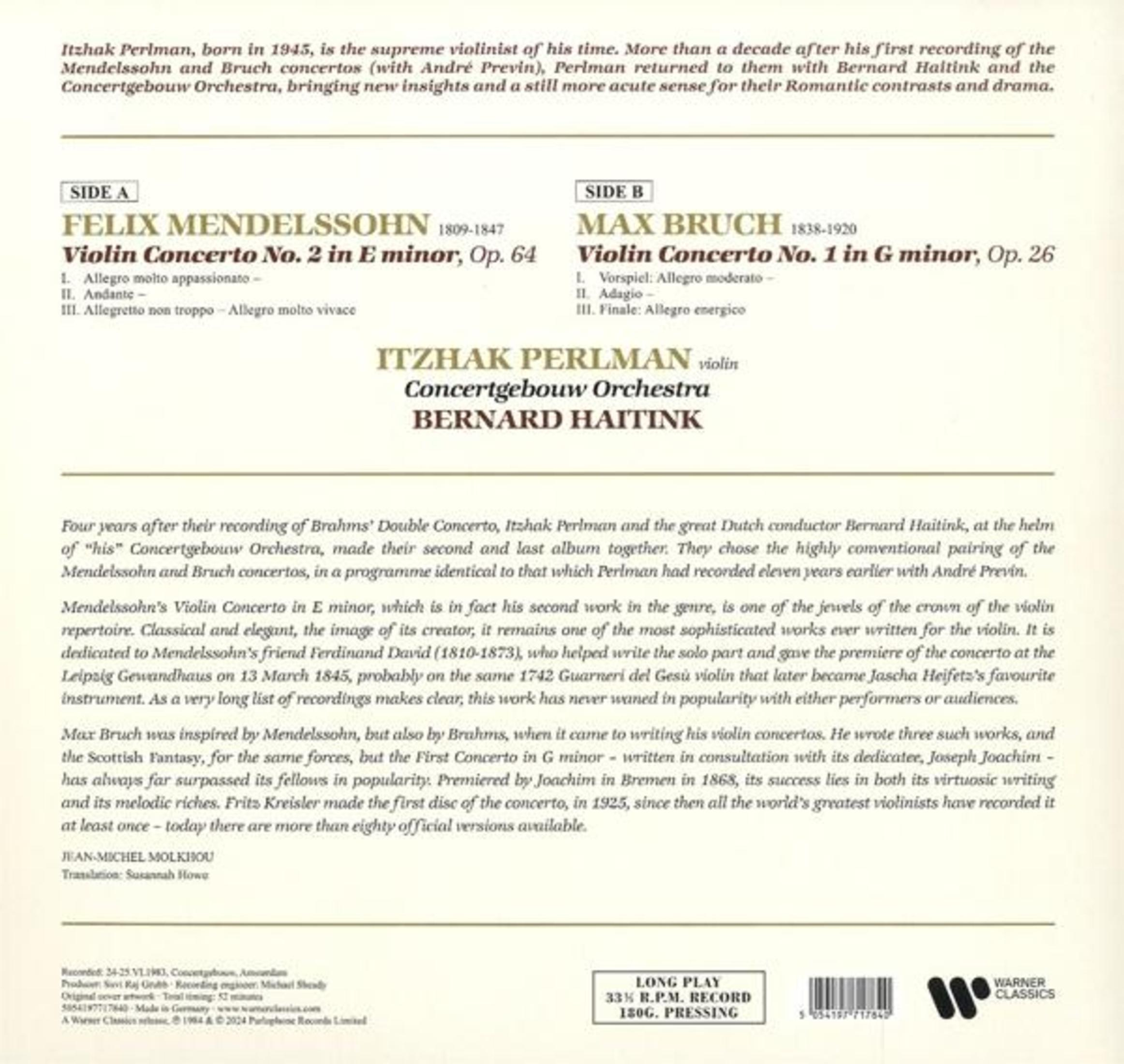 Copertina dell'album con testo su Itzhak Perlman, Concerti per violino di Mendelssohn e Bruch.