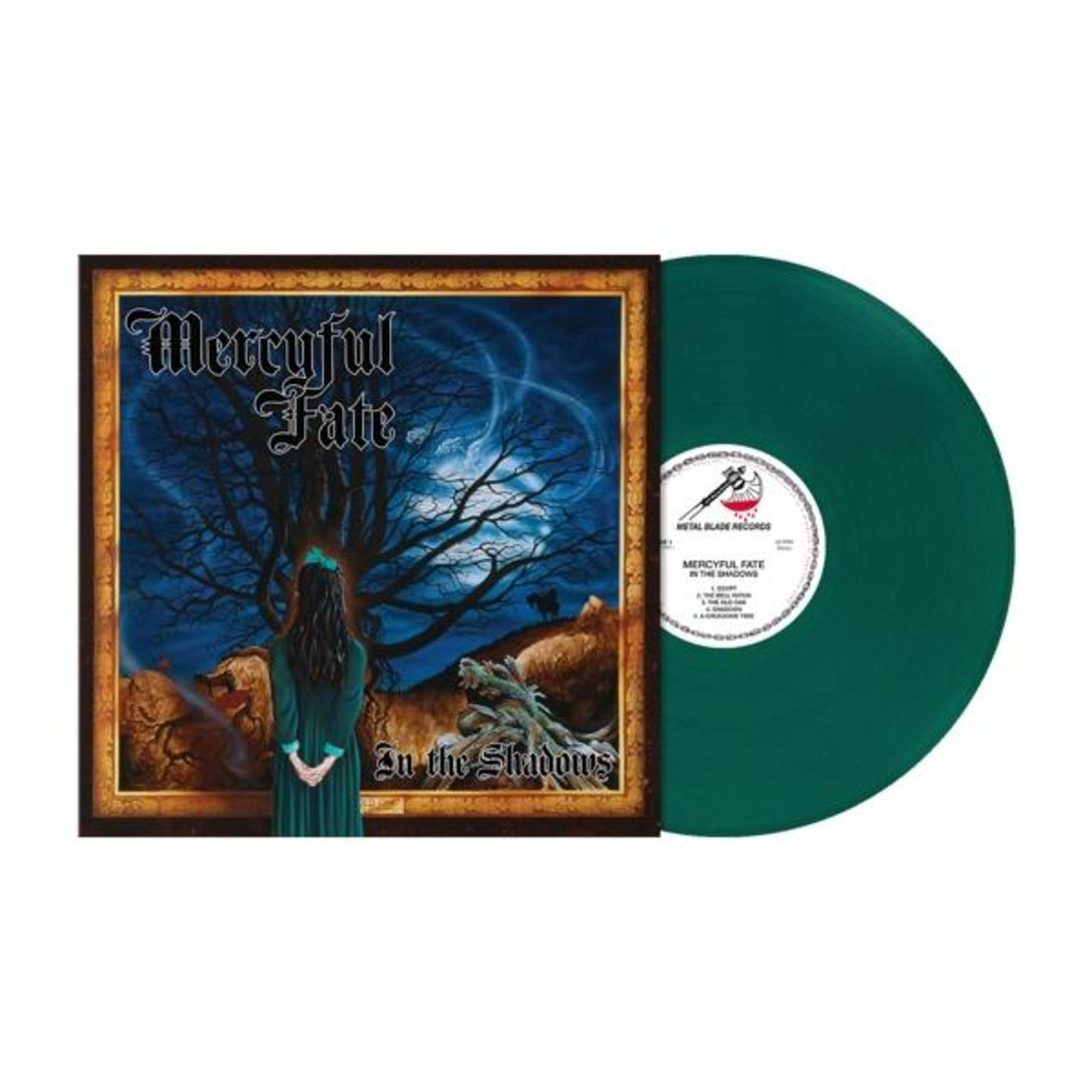 Un disco in vinile e la sua copertina con una scena fantasy intitolata 'In The Shadows'.