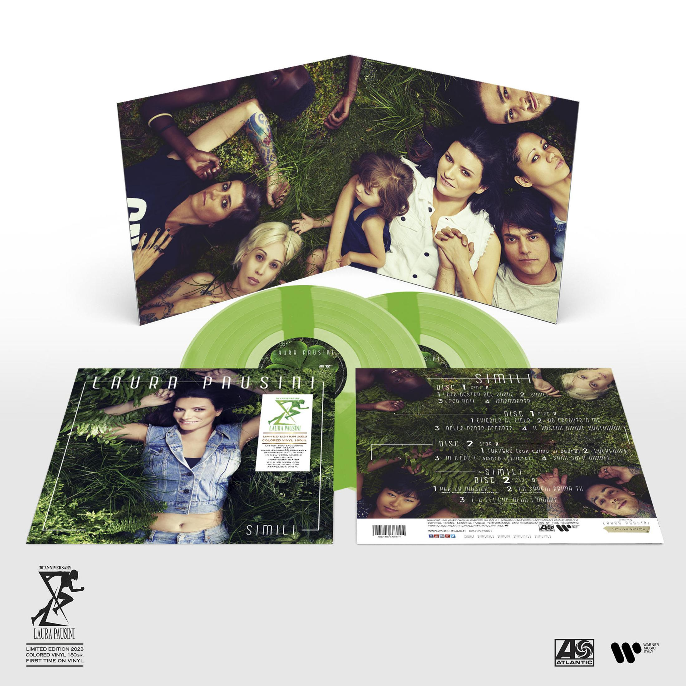 Un gruppo di persone sdraiate sull'erba. Si vedono vinili verdi e copertine di album.