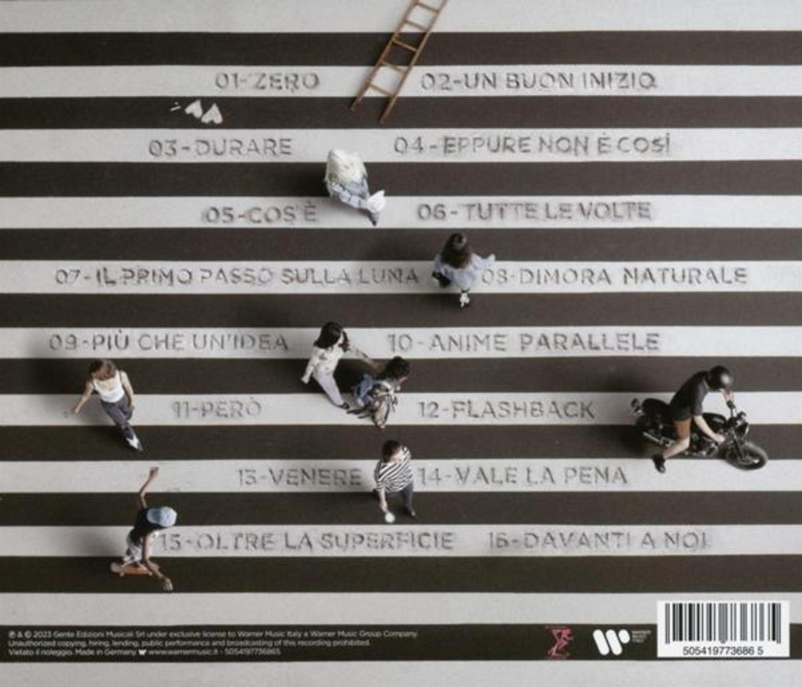 Figure in miniatura su sfondo a righe con titoli di canzoni. Una scala sporge in alto.