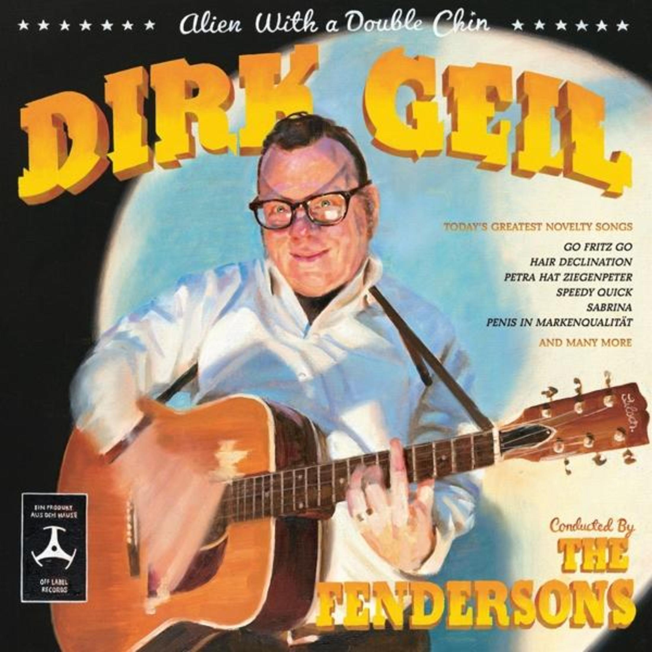 Man met bril speelt gitaar, albumhoes met gele tekst.