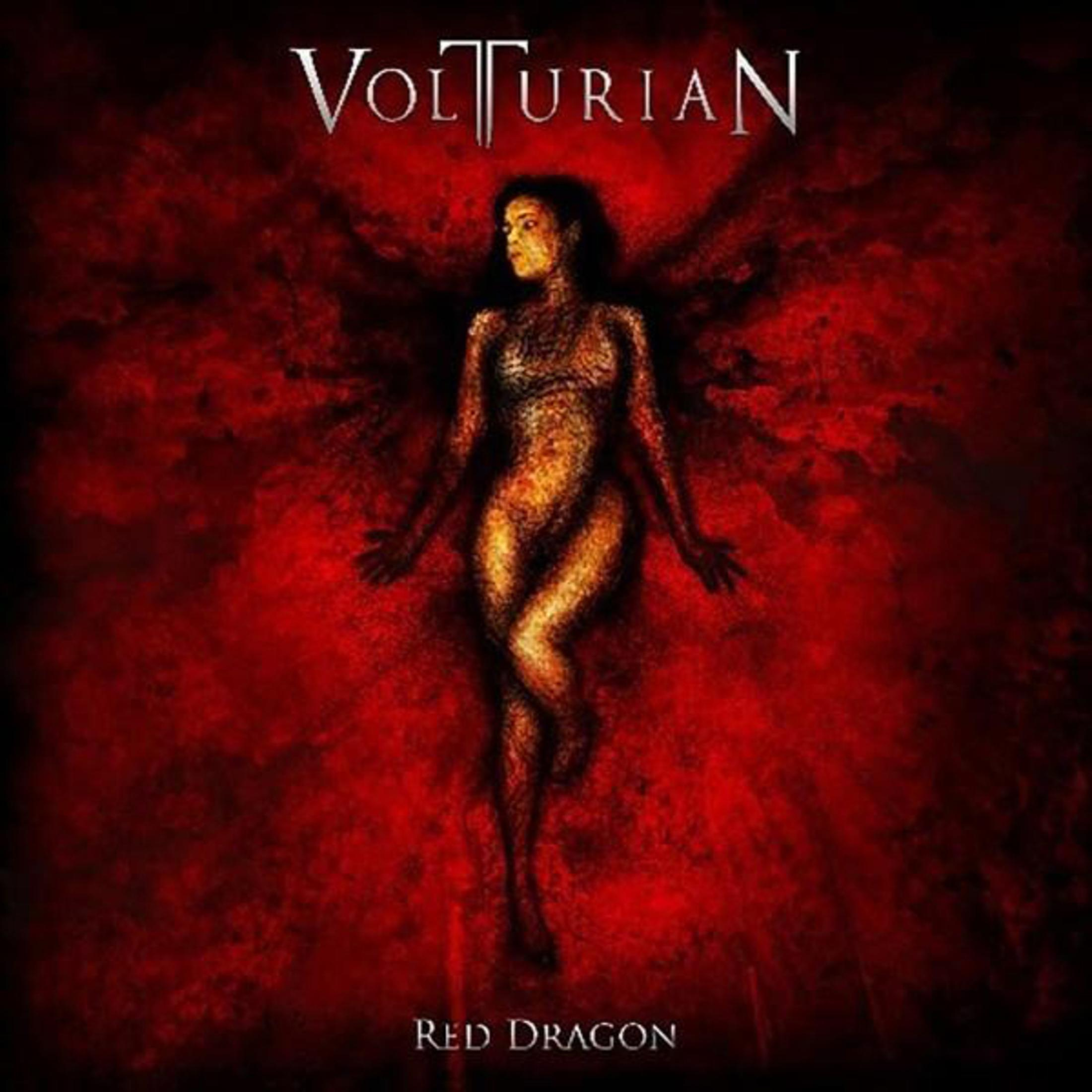 Una donna alata si erge su uno sfondo rosso. Sono visibili il nome della band Volturaian e il titolo Red Dragon.