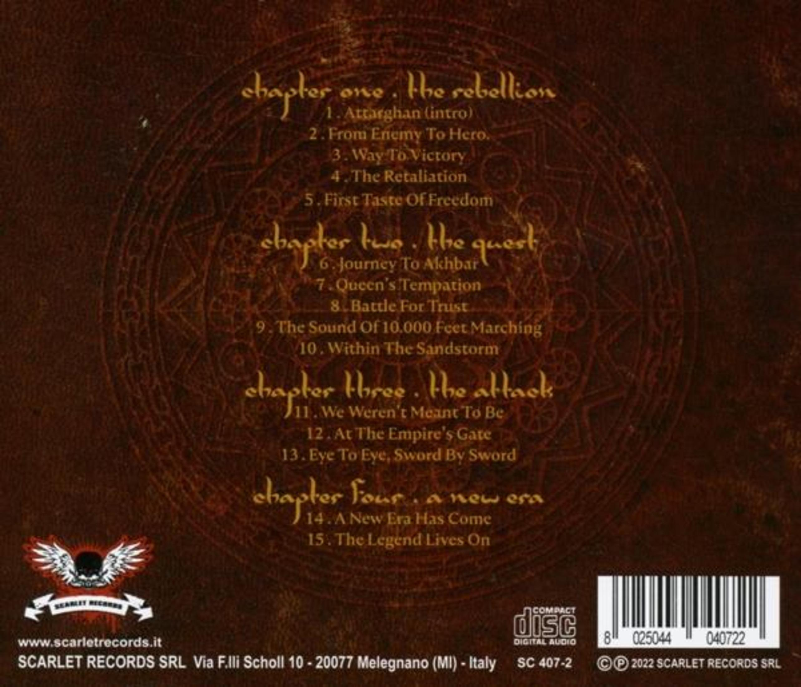 Retro copertina CD con tracklist e dettagli azienda. Sfondo scuro con ornamenti.