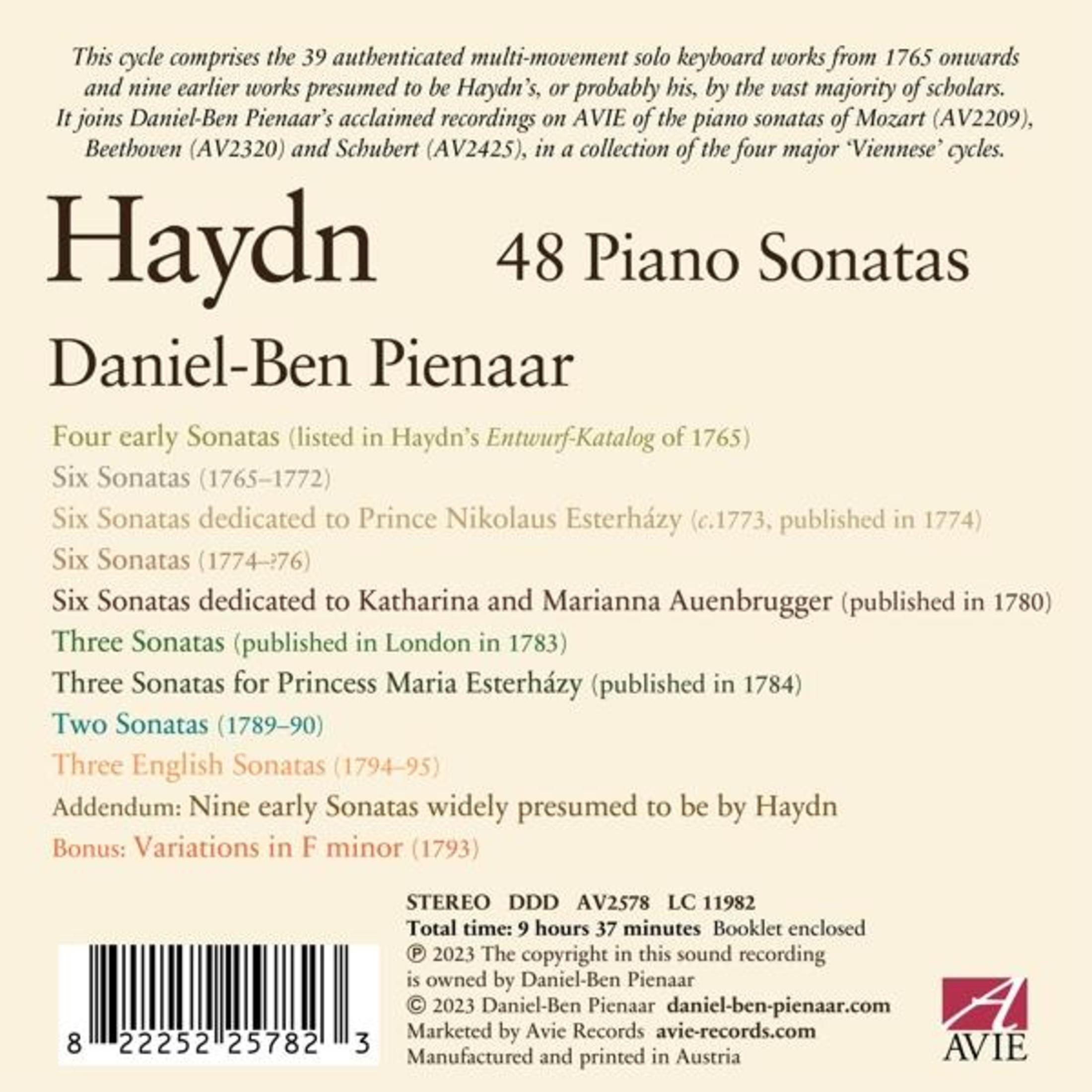 Haydn: 48 Sonate per Pianoforte di Daniel-Ben Pienaar. Elenco sonate e dettagli registrazione. Codice a barre.