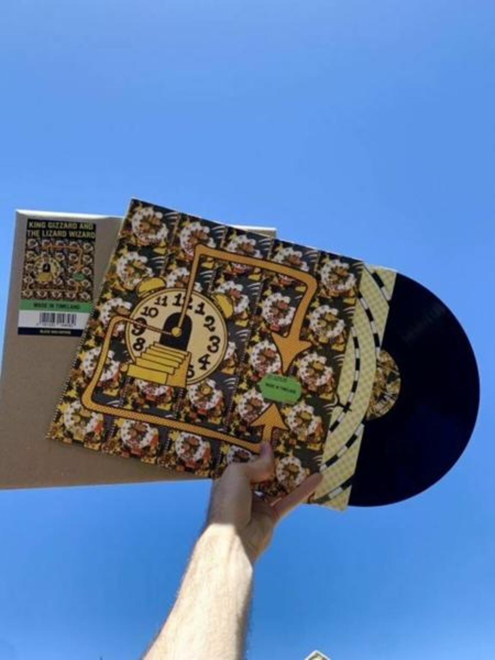 Una mano tiene un disco in vinile con copertina colorata davanti al cielo blu.