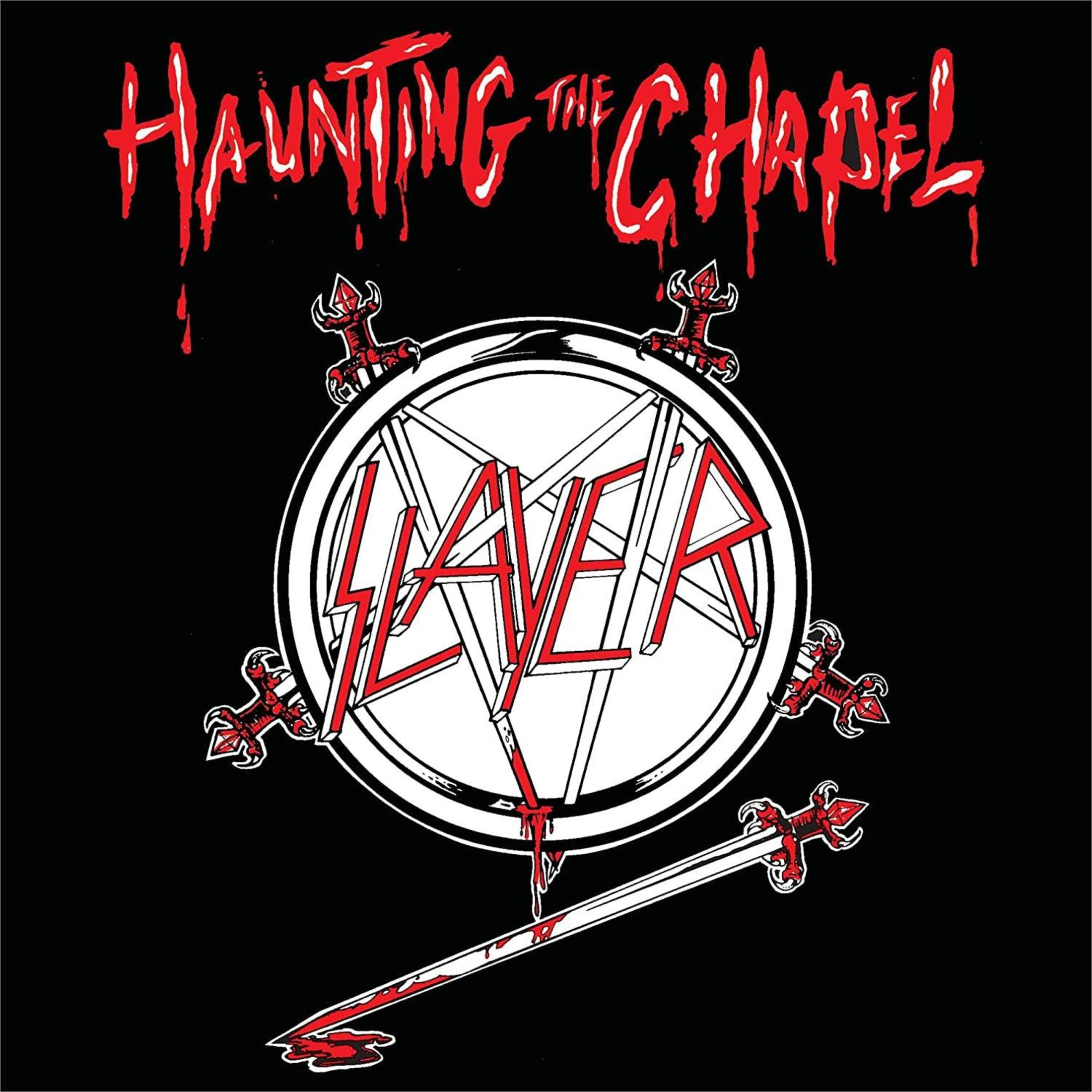 Logo Slayer rosso sangue su pentagramma con spade. Nero.