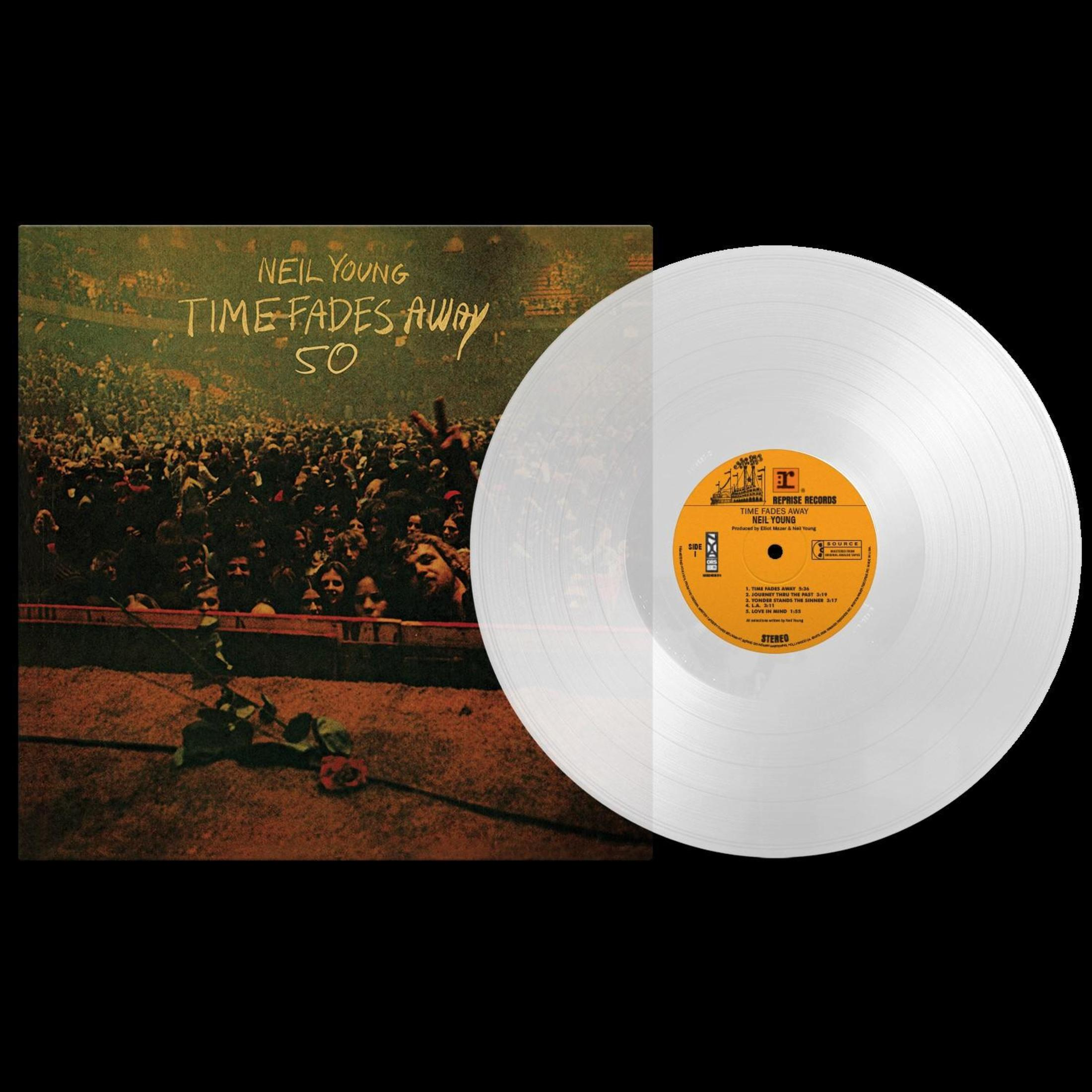 LP "Time Fades Away" di Neil Young con disco in vinile trasparente.
