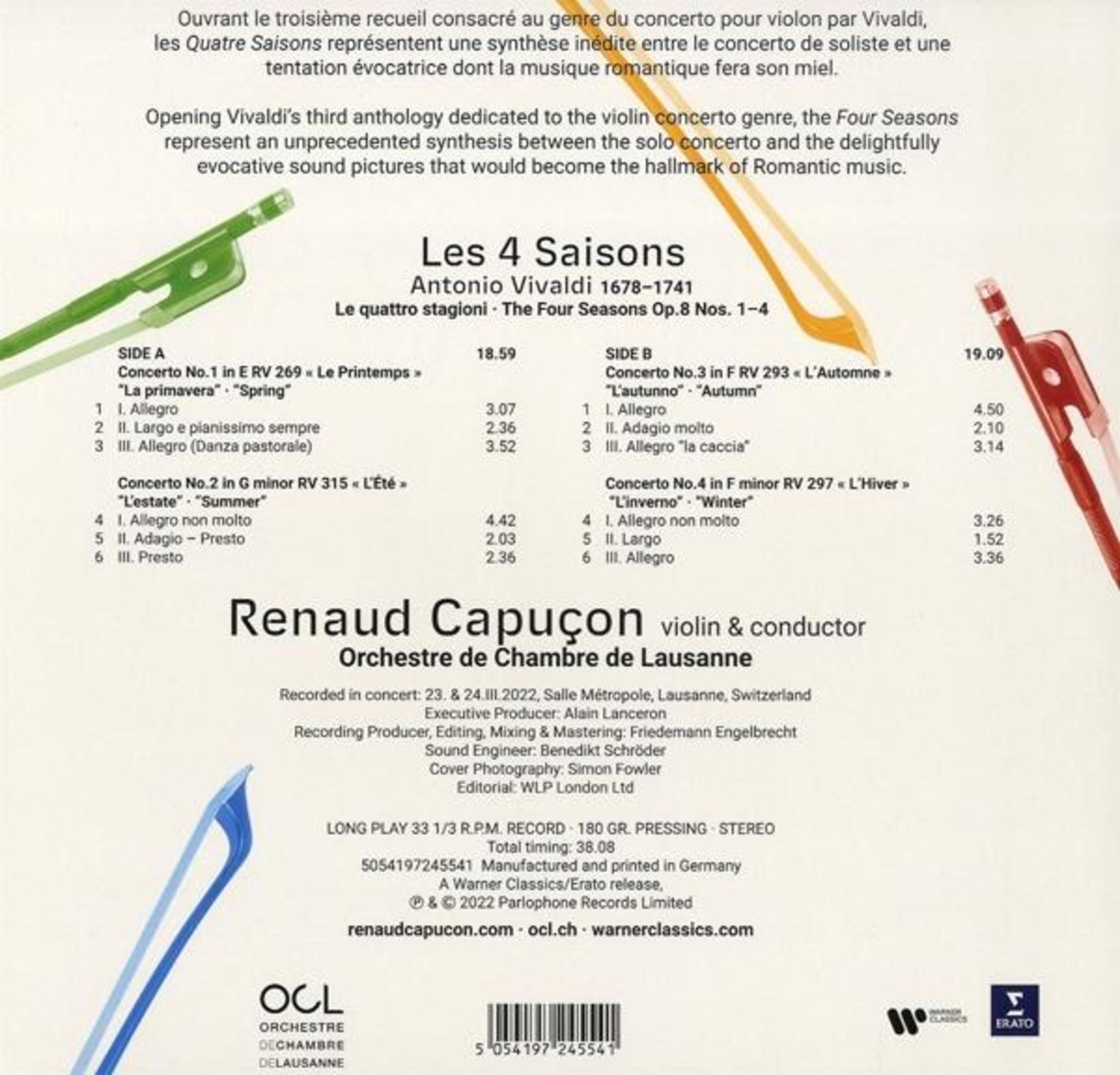 Archi di violino verdi e rossi riposano sulla copertina de 'Le quattro stagioni' di Vivaldi.
