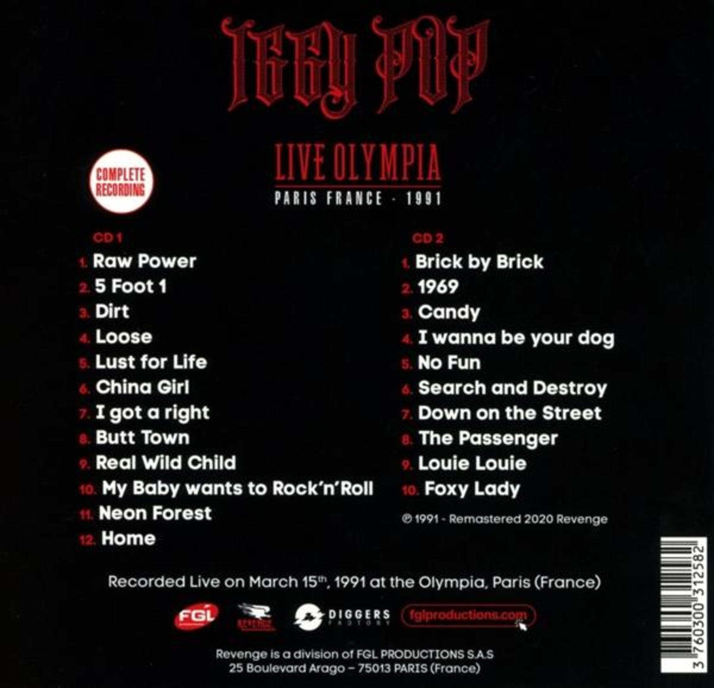 Copertina dell'album con elenco brani per 'Live Olympia' di Iggy Pop, Parigi 1991.
