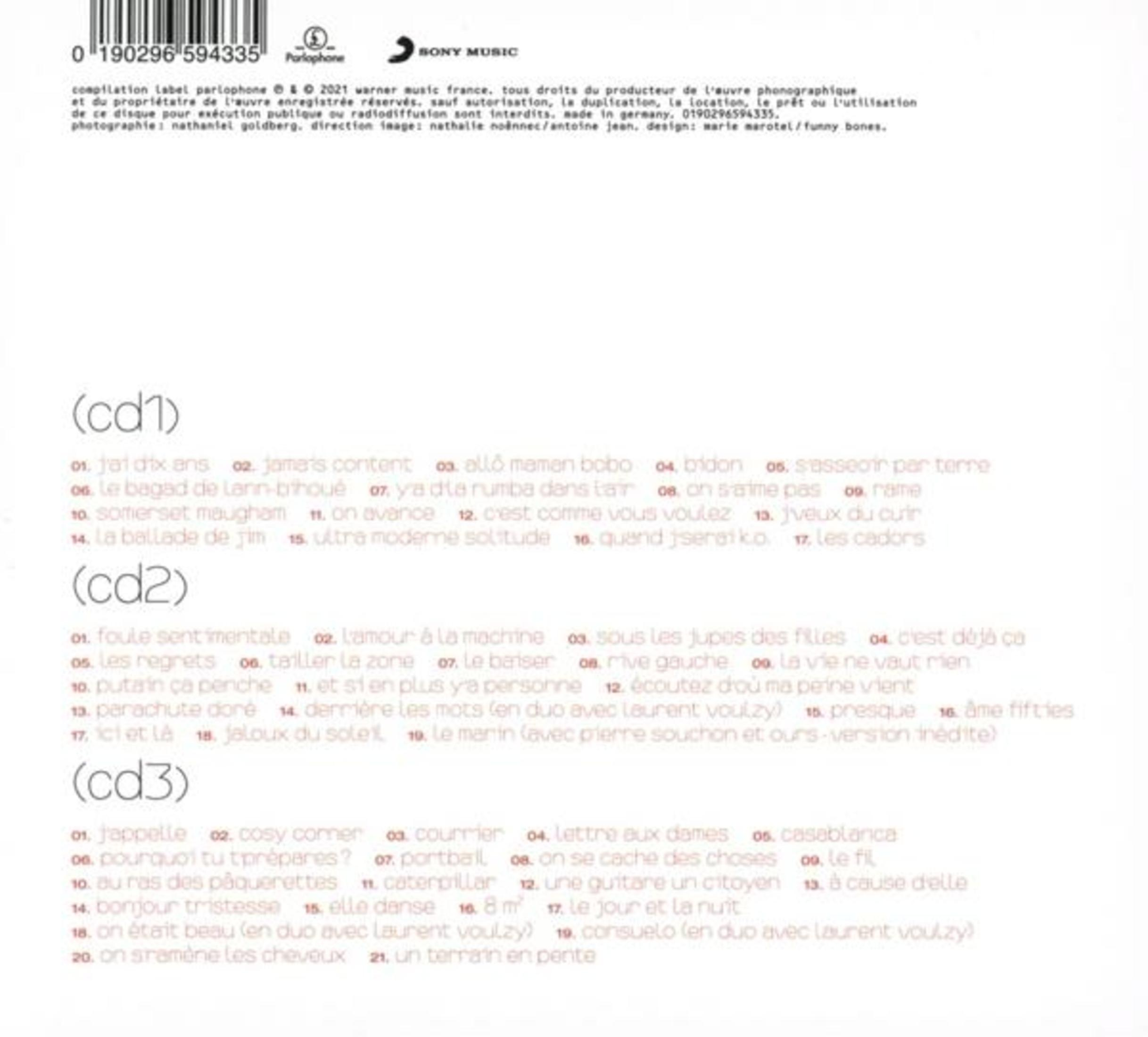 Elenchi tracce CD1, CD2, CD3. In alto a destra: codice a barre, loghi Parlophone e Sony Music.