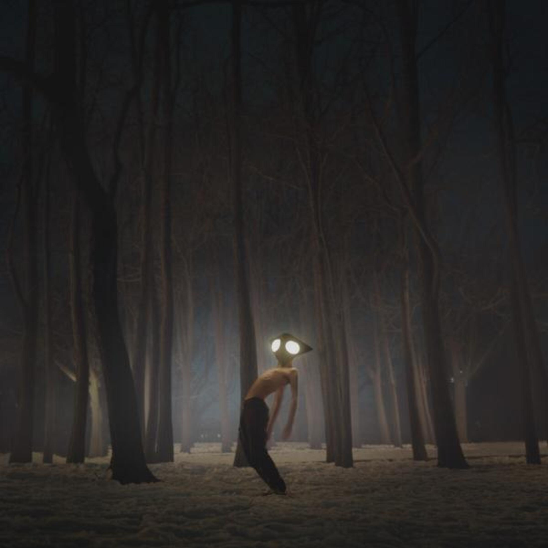 Una creatura con occhi luminosi sta in una foresta buia di notte.