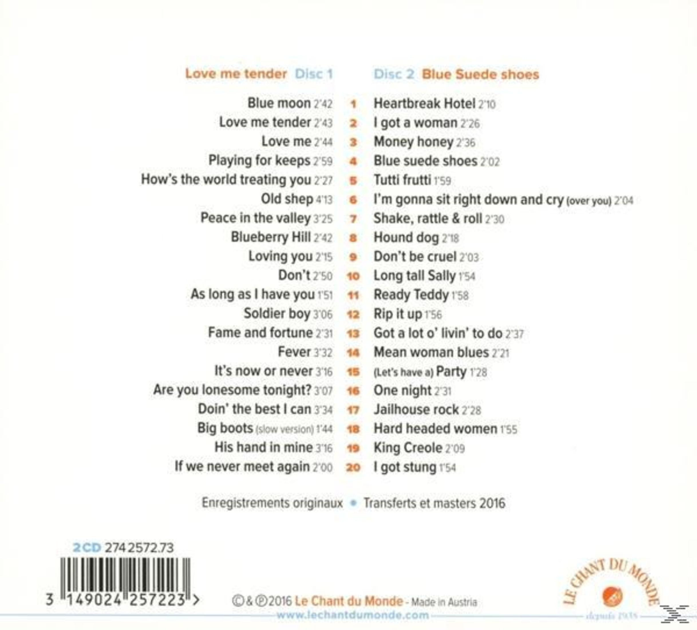 Tracklist van de albums "Love me tender" en "Blue Suede shoes" met titels en duur.