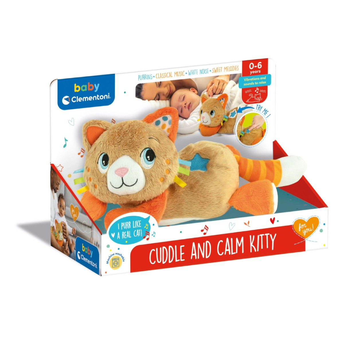 Een oranje pluche kat met muziek en trillingen.