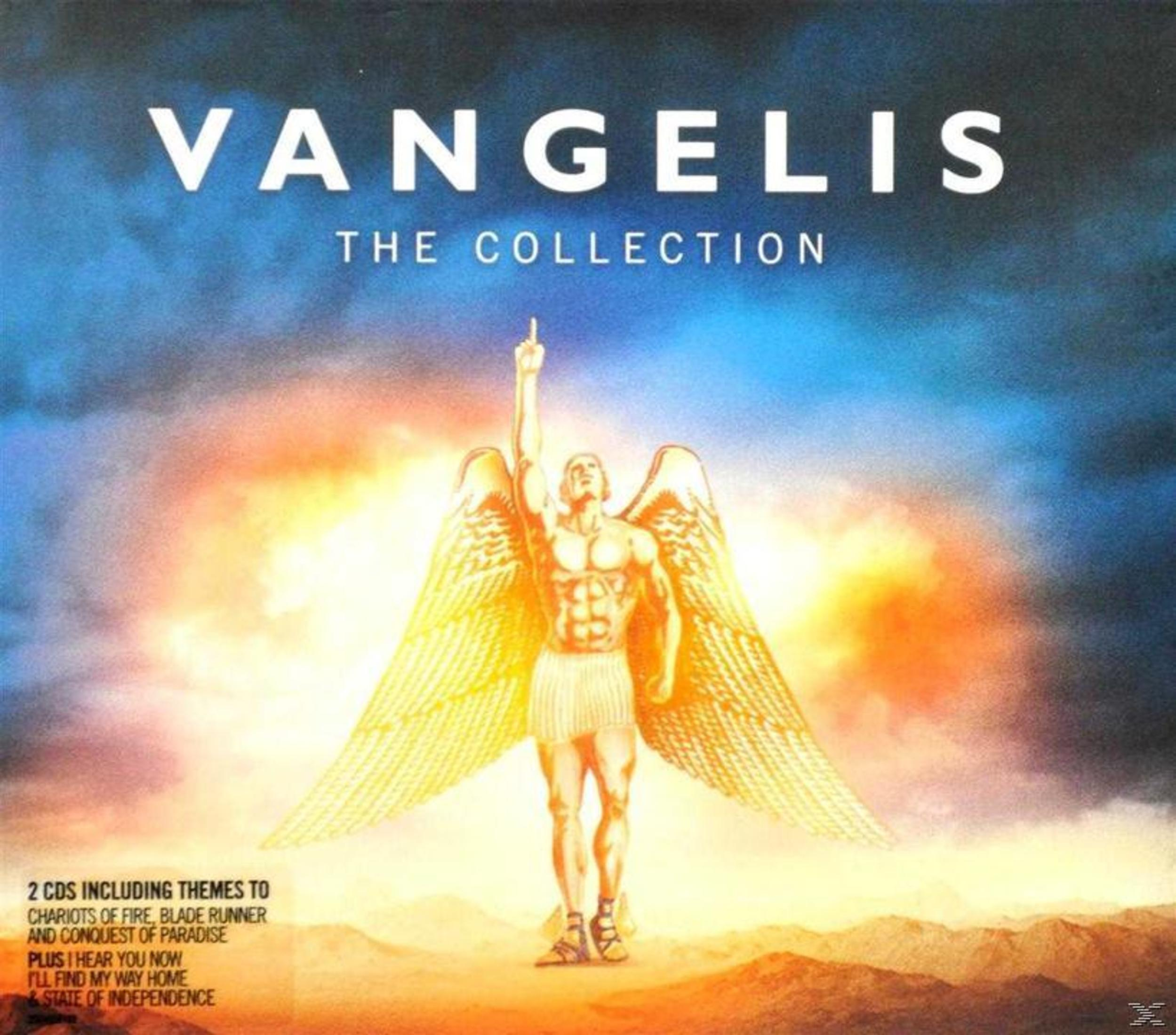 Vangelis: The Collection copertina CD con uomo alato, paesaggio desertico.