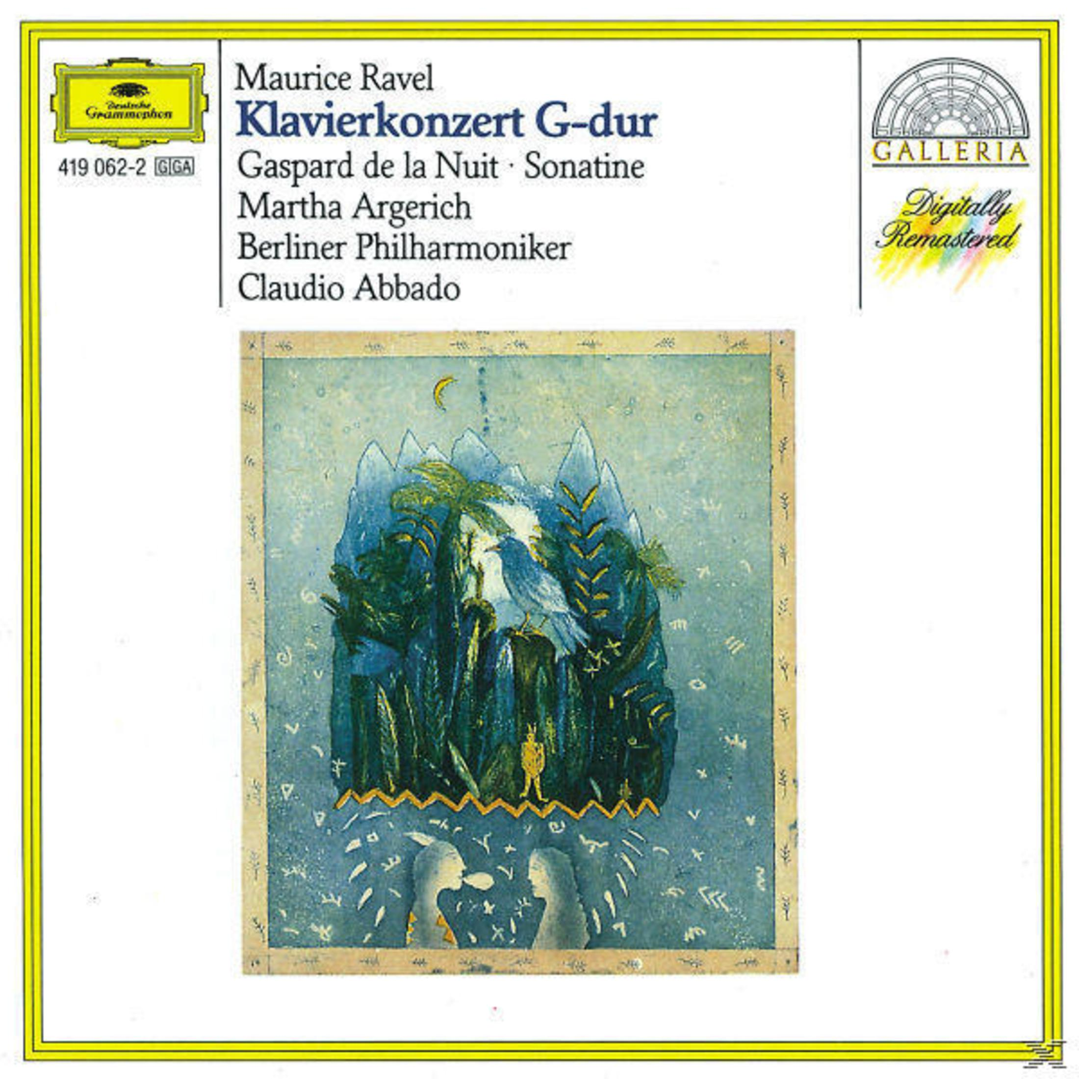 Copertina con spartito, uccello, due figure e testo: Maurice Ravel Concerto per pianoforte in Sol maggiore.