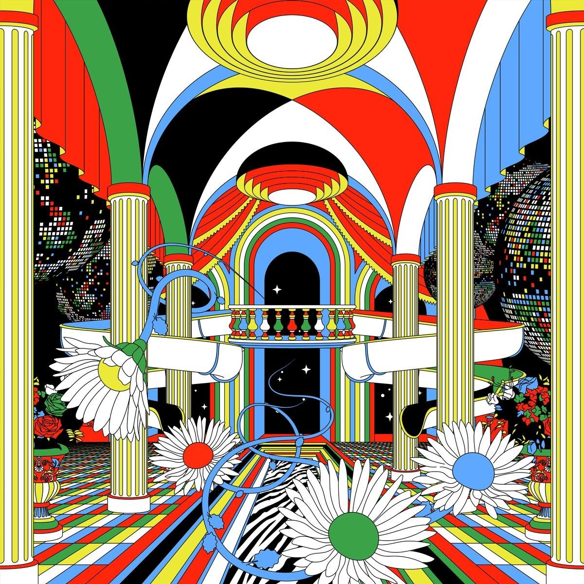 Architettura psichedelica astratta con fiori, colonne e palline da discoteca.