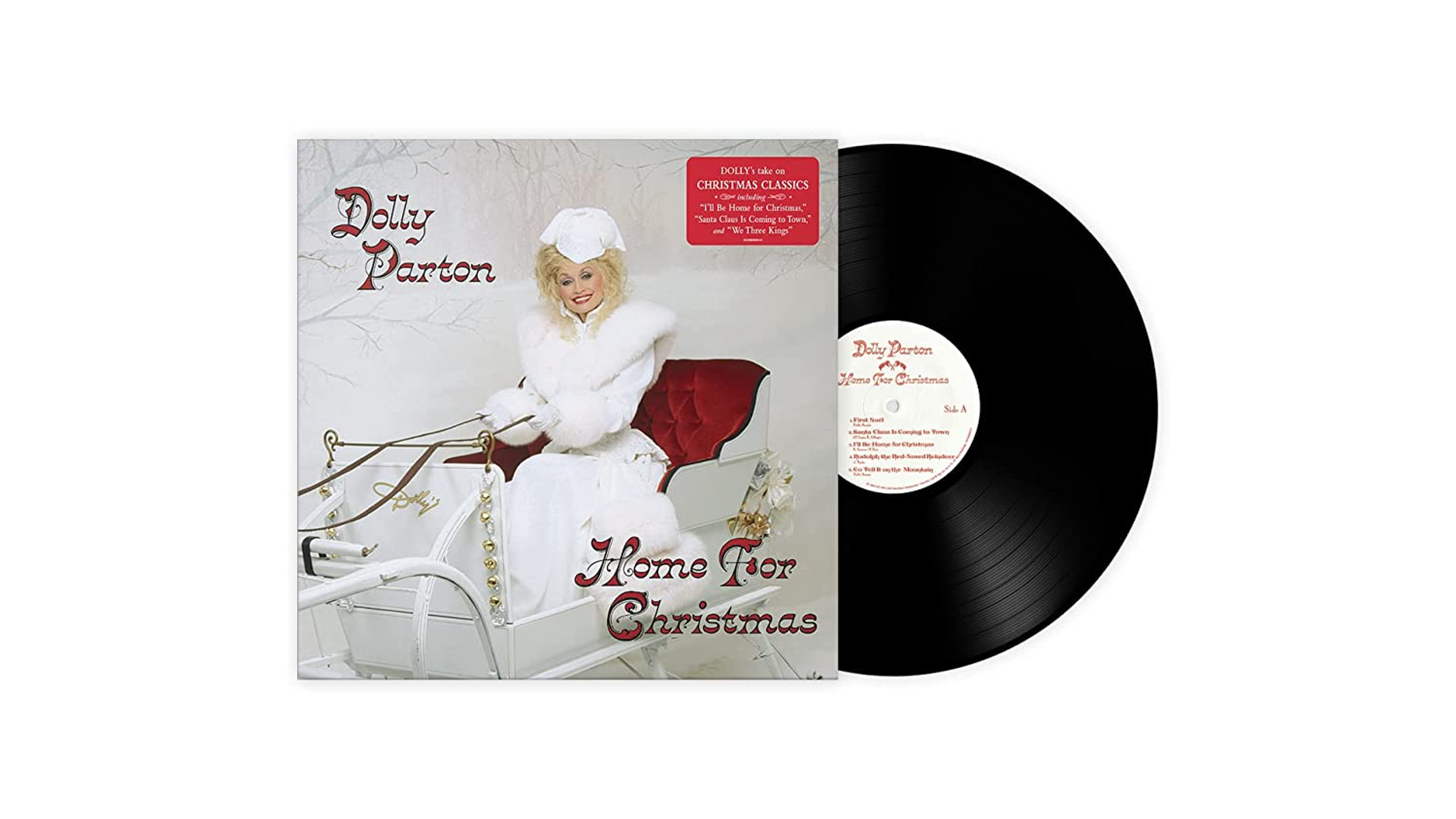 Dolly Parton seduta su una slitta, scena invernale. Accanto un disco in vinile.