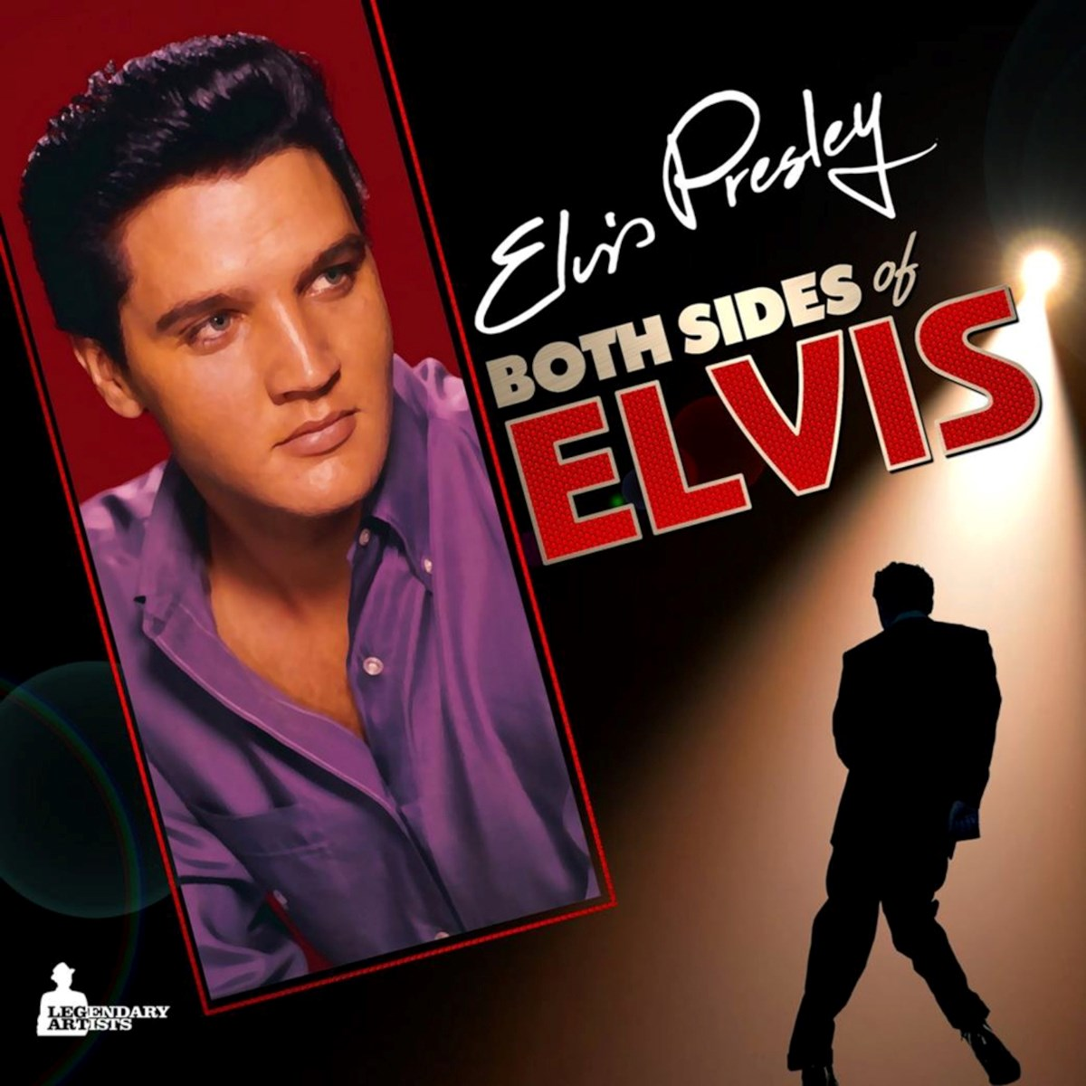 Elvis Presley in camicia viola, silhouette sul palco, titolo album.