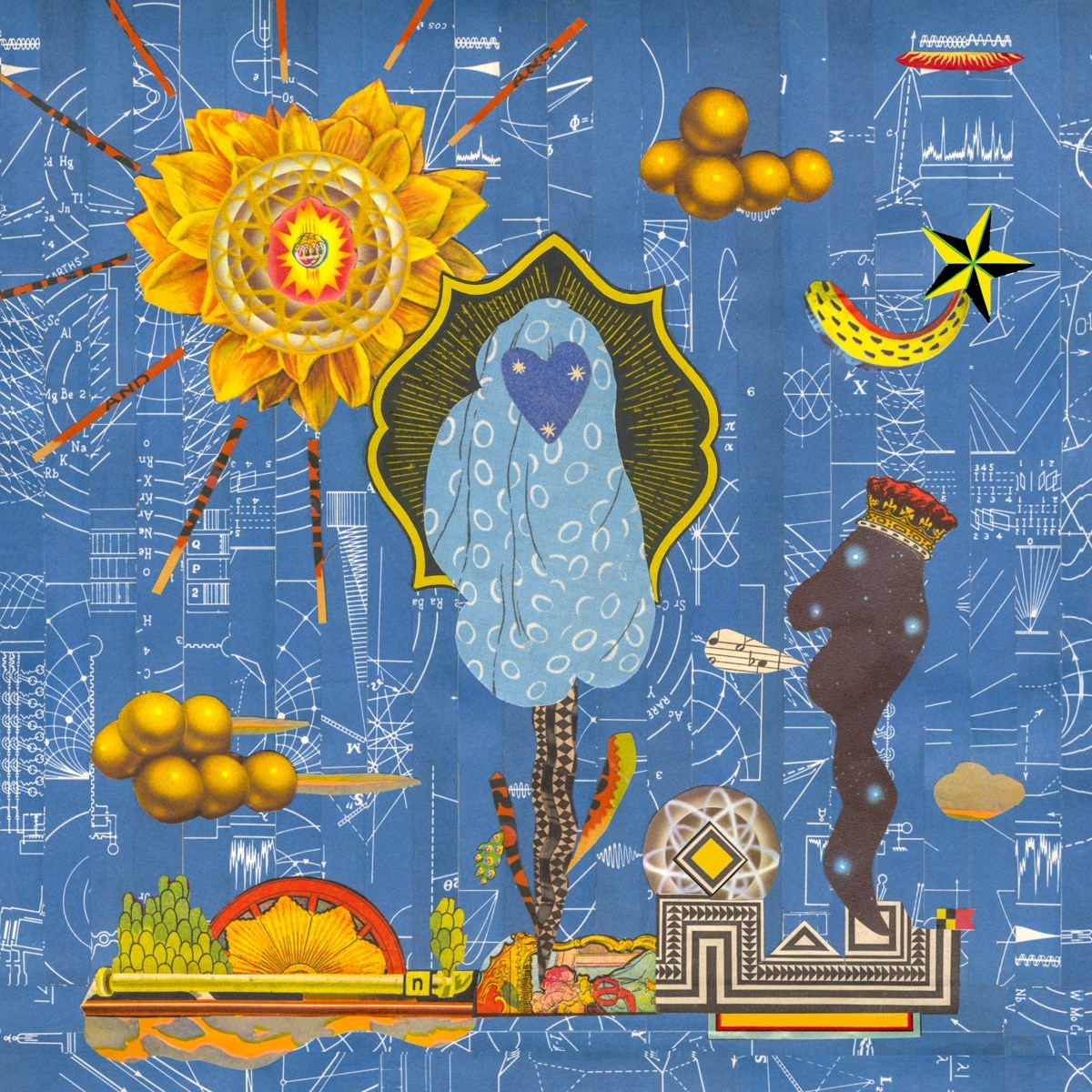 Collage con elementi surreali su sfondo blu di progetto.