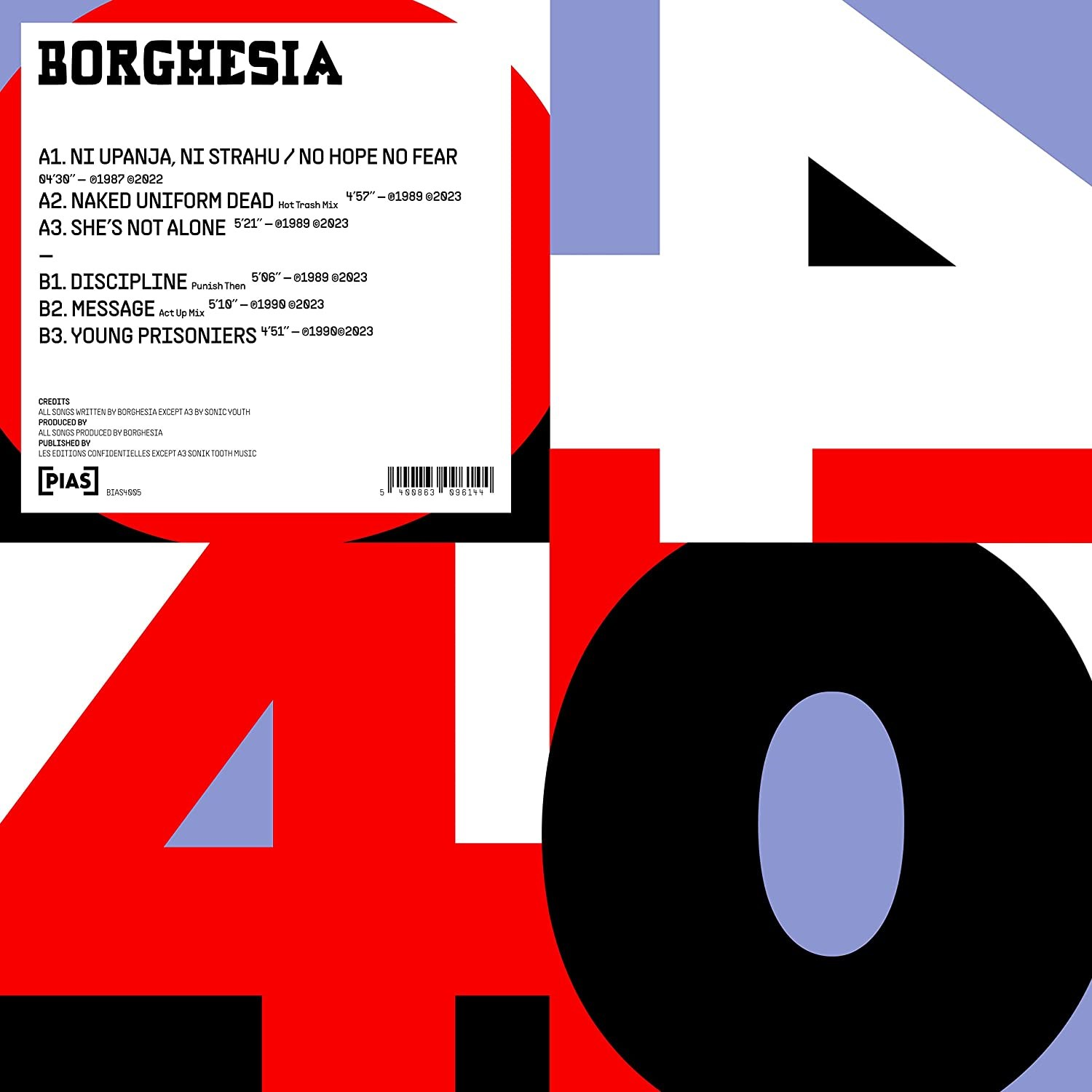 Copertina album con titolo e tracklist. Forme geometriche rosse, bianche, blu e nere.