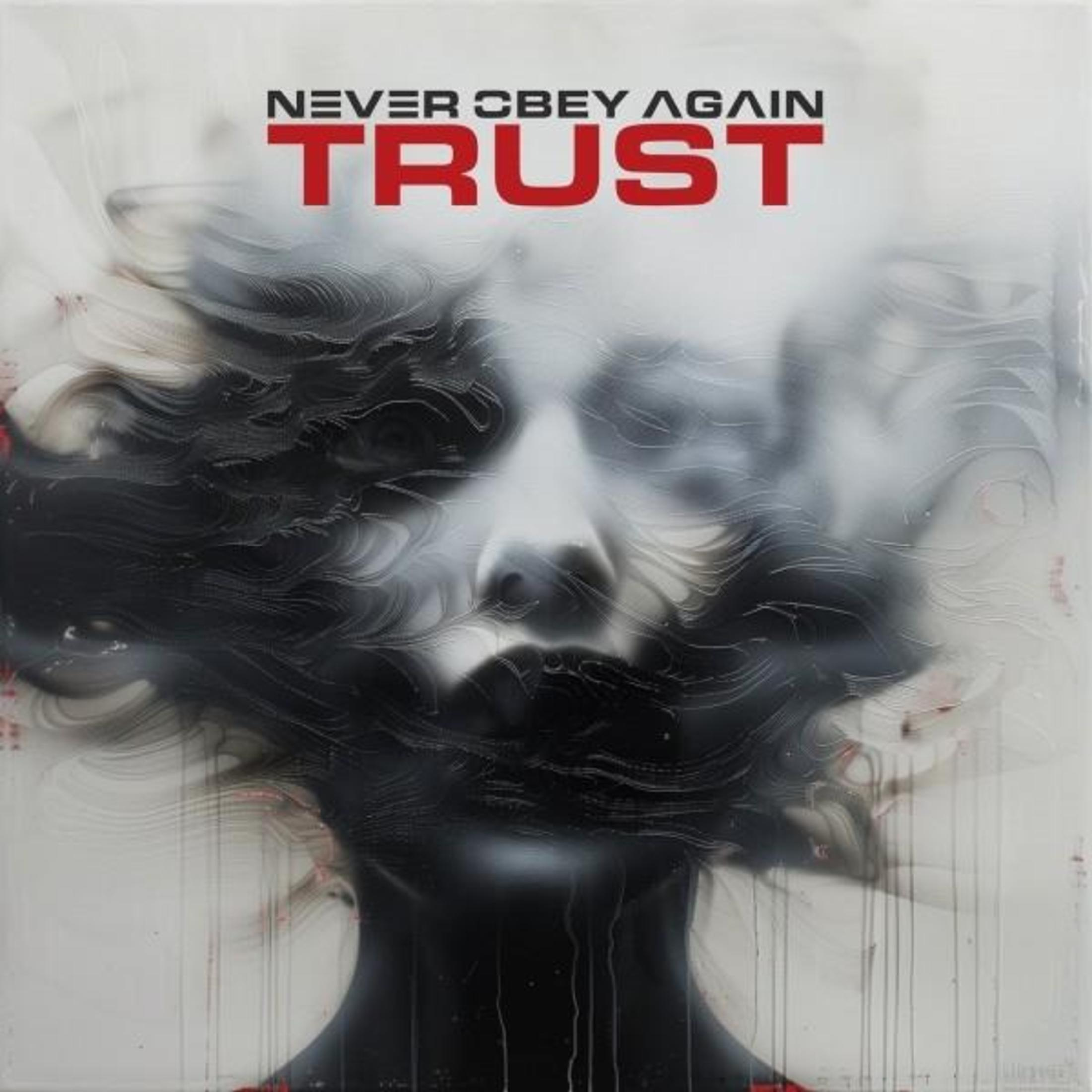 Rappresentazione astratta di un volto con le parole "Never Obey Again Trust".