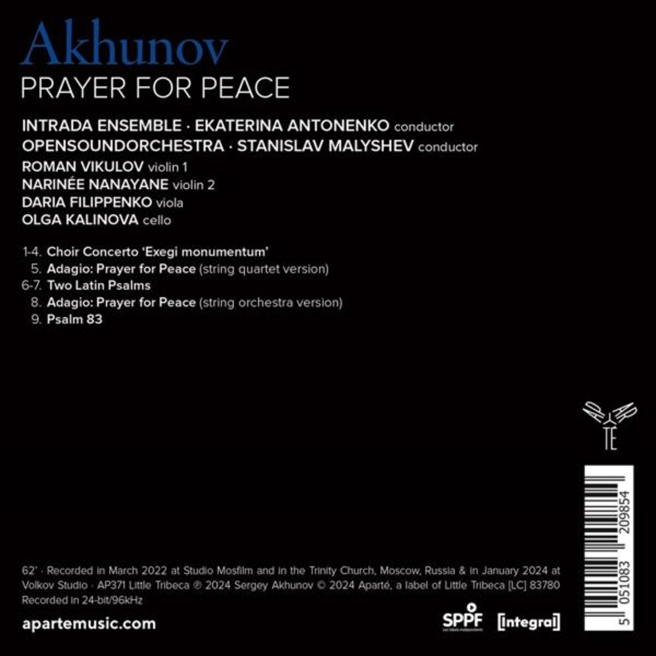 Copertina album con titolo 'Akhunov Prayer for Peace', personale e lista brani.