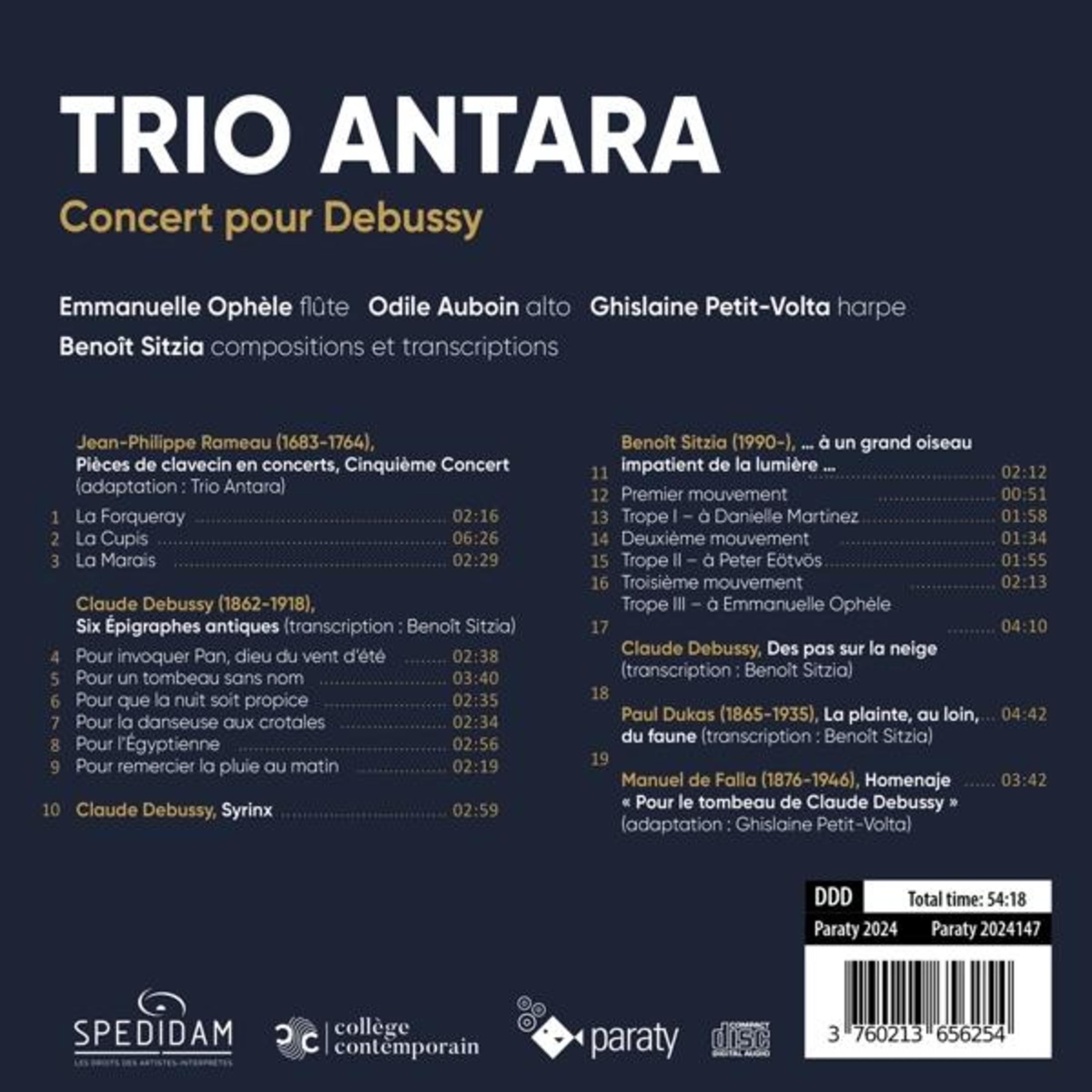 Poster del concerto del Trio Antara per Debussy, elenca compositori e titoli.