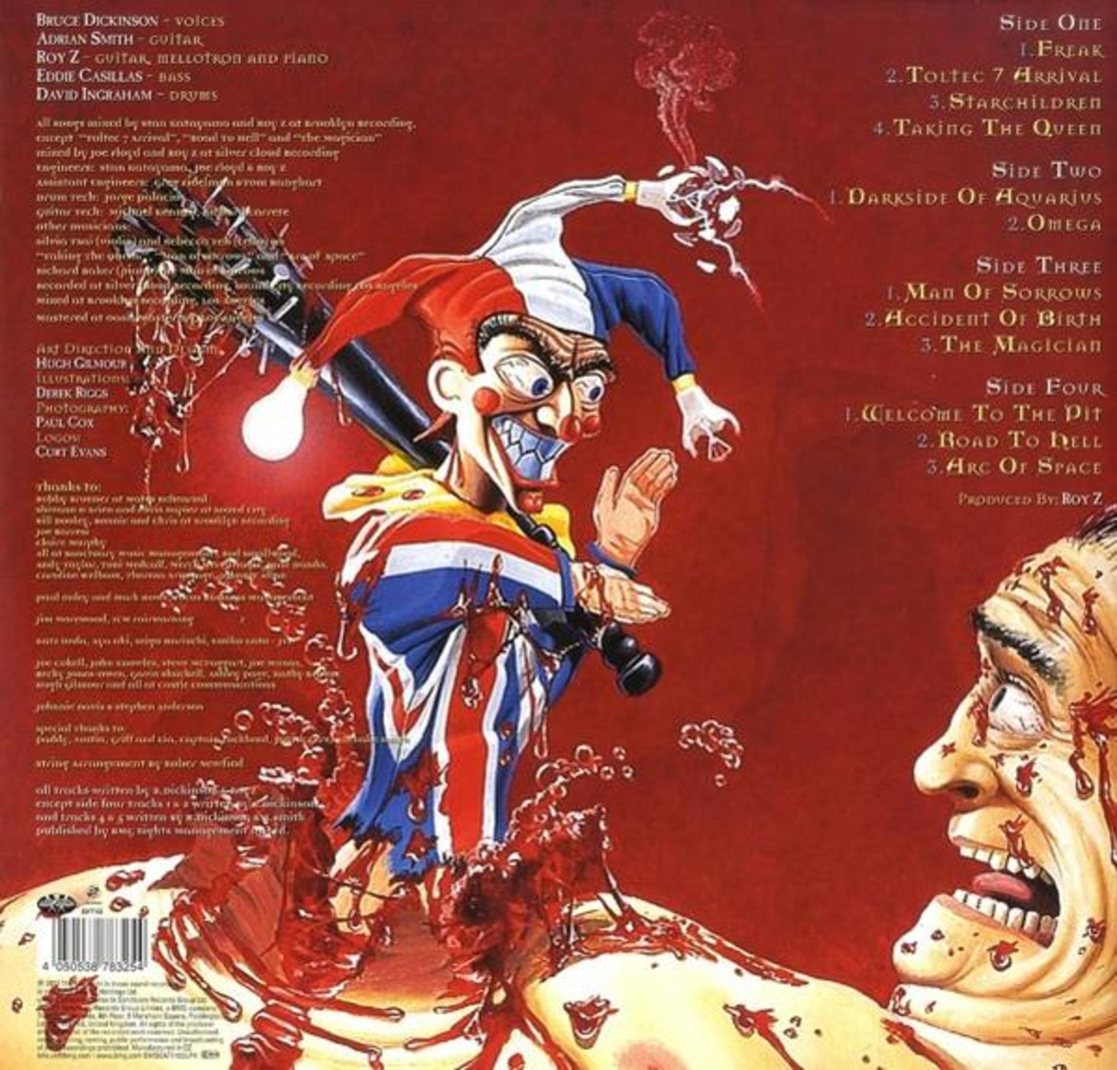 A bloody clown with a baseball bat on an album cover, with a song list.