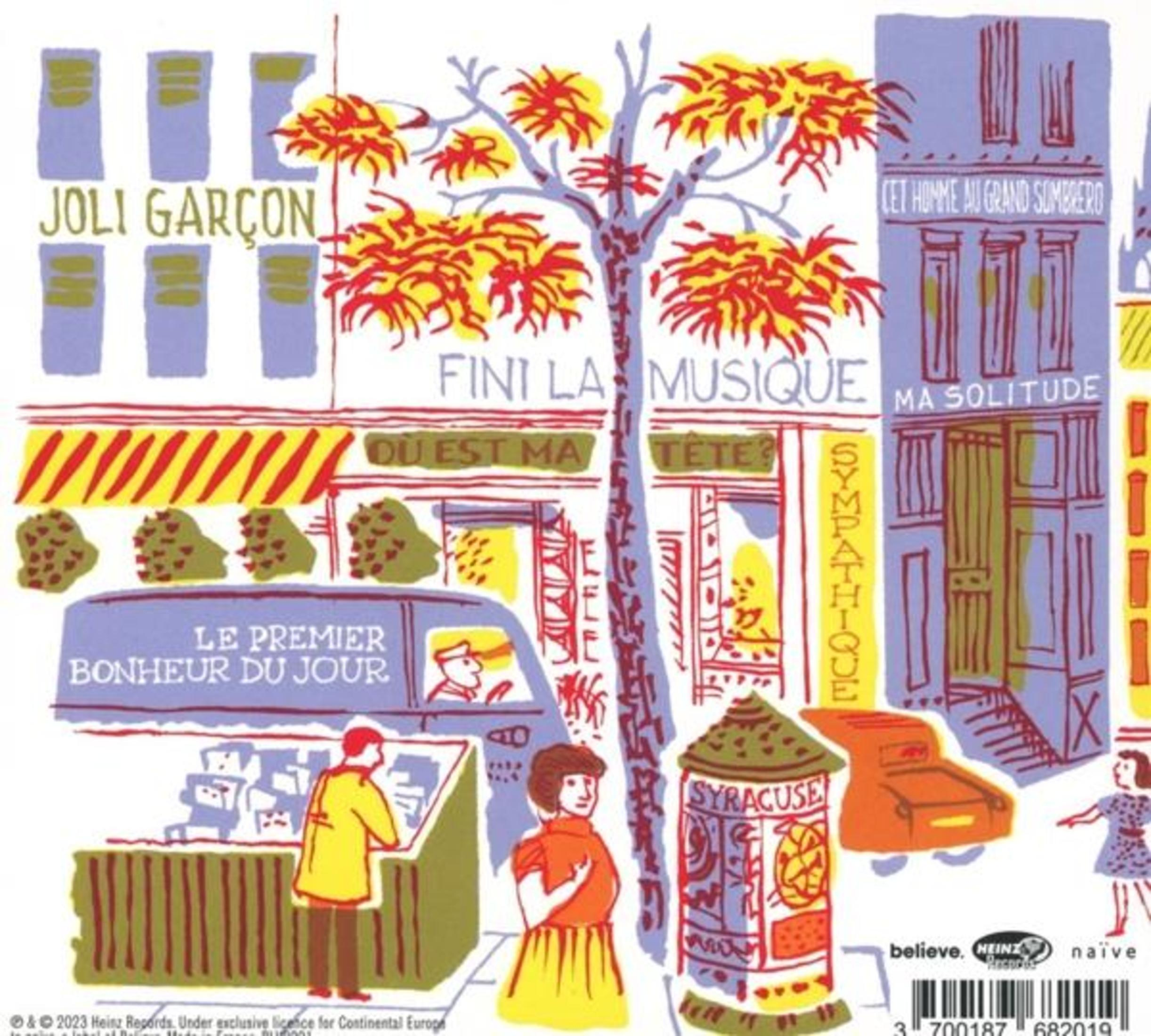 Illustrazione colorata di una scena di strada con edifici, alberi, una donna e un uomo.